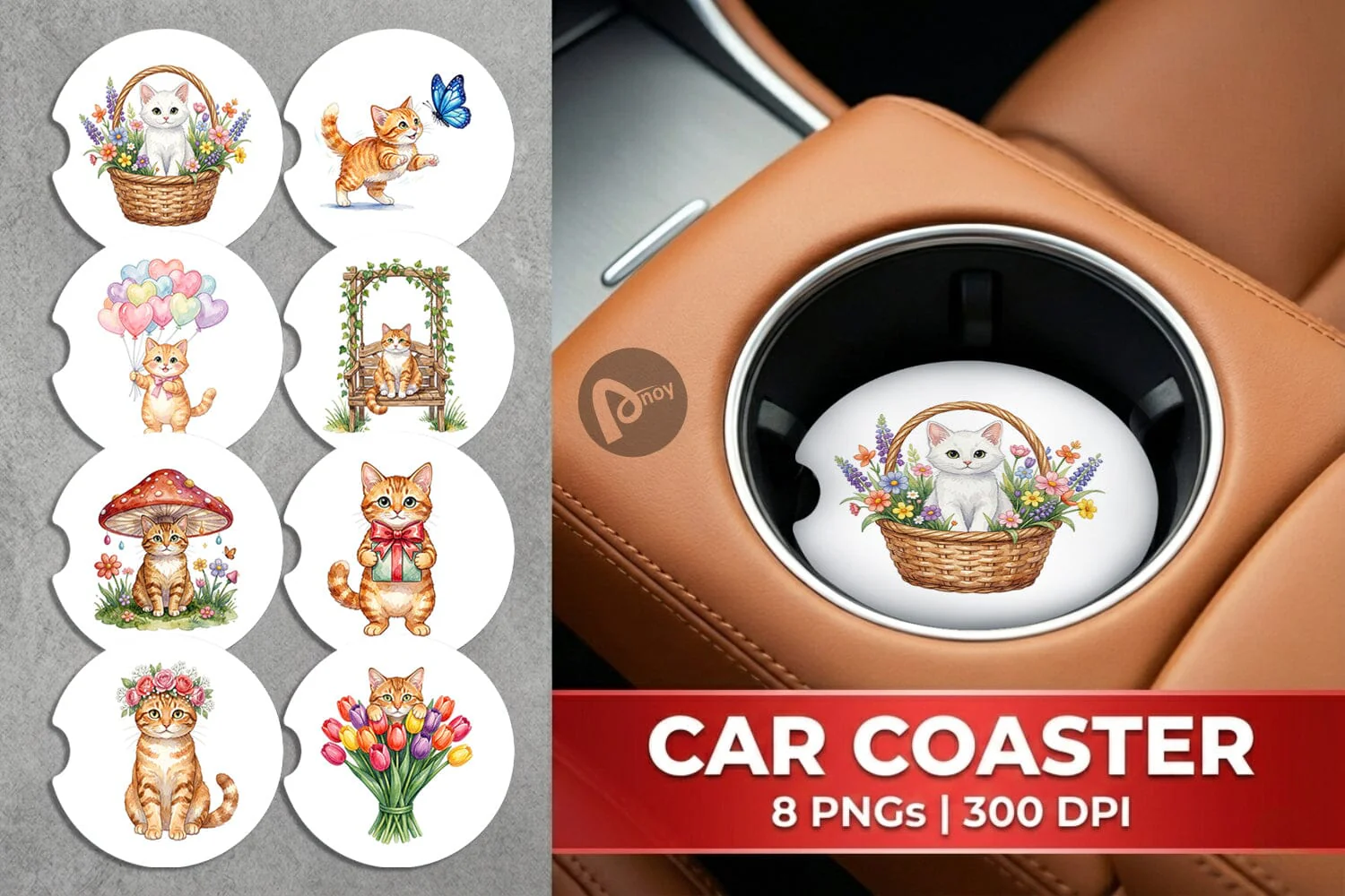 Car Coaster Watercolor Pastel Garden Cat Celebration