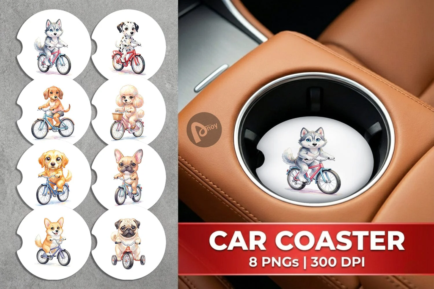 Car Coaster Watercolor Puppy Eye Dogs on Bicycle