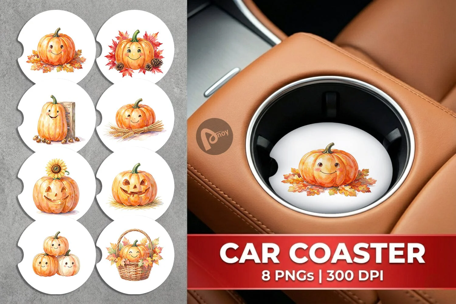 Car Coaster Watercolor Rustic Autumn Harvest Pumpkin