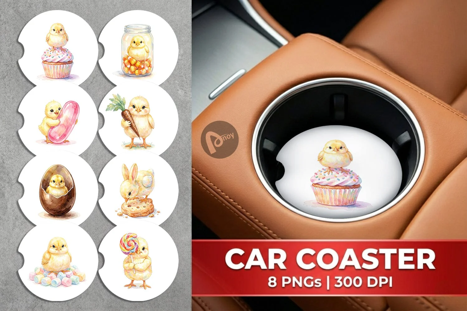 Car Coaster Watercolor Sweet Candy Easter Chicks
