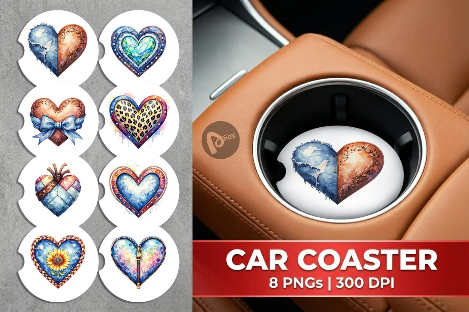 Car Coaster Watercolor Western Heart