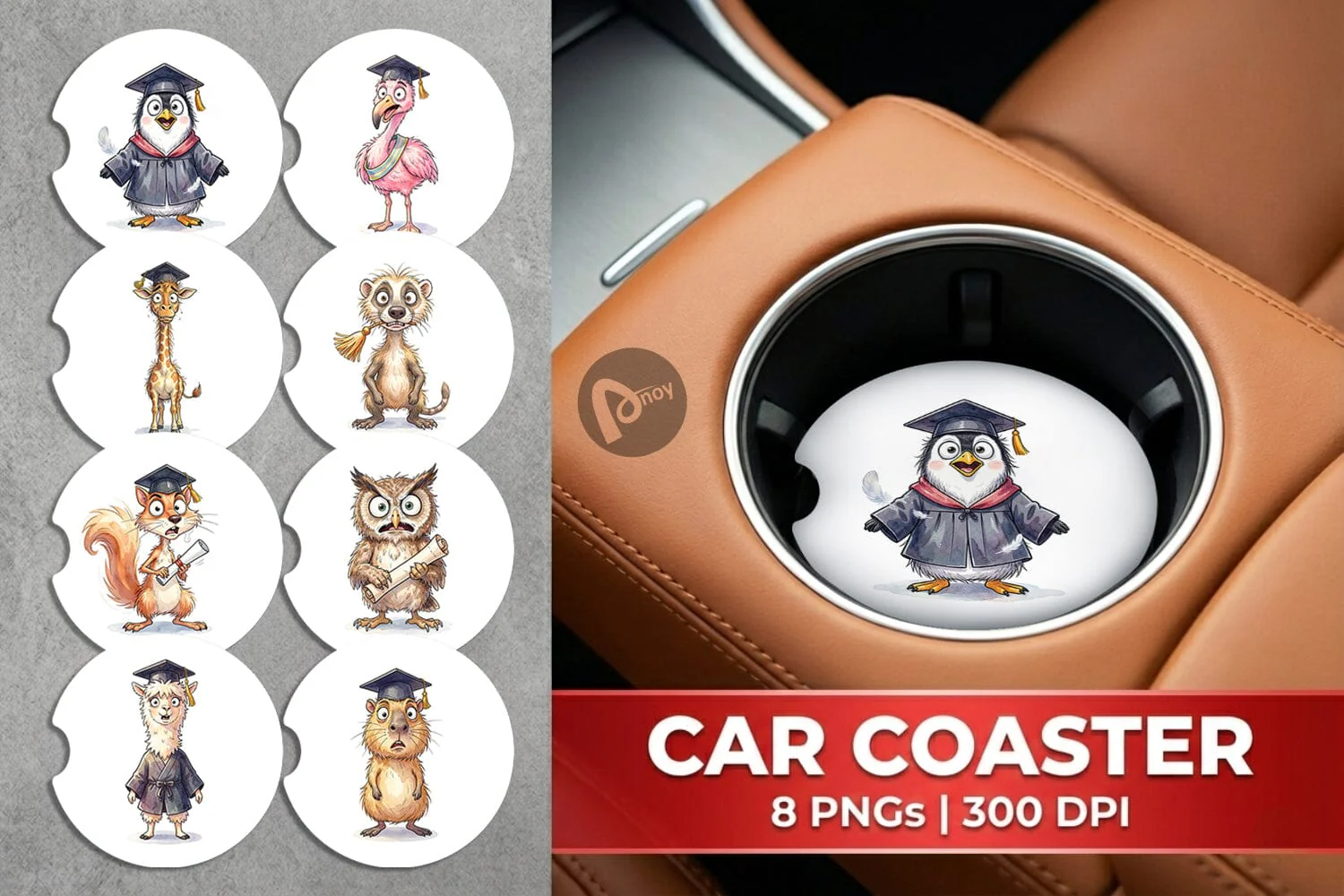 Car Coaster Watercolor Wild Animal Graduation Party