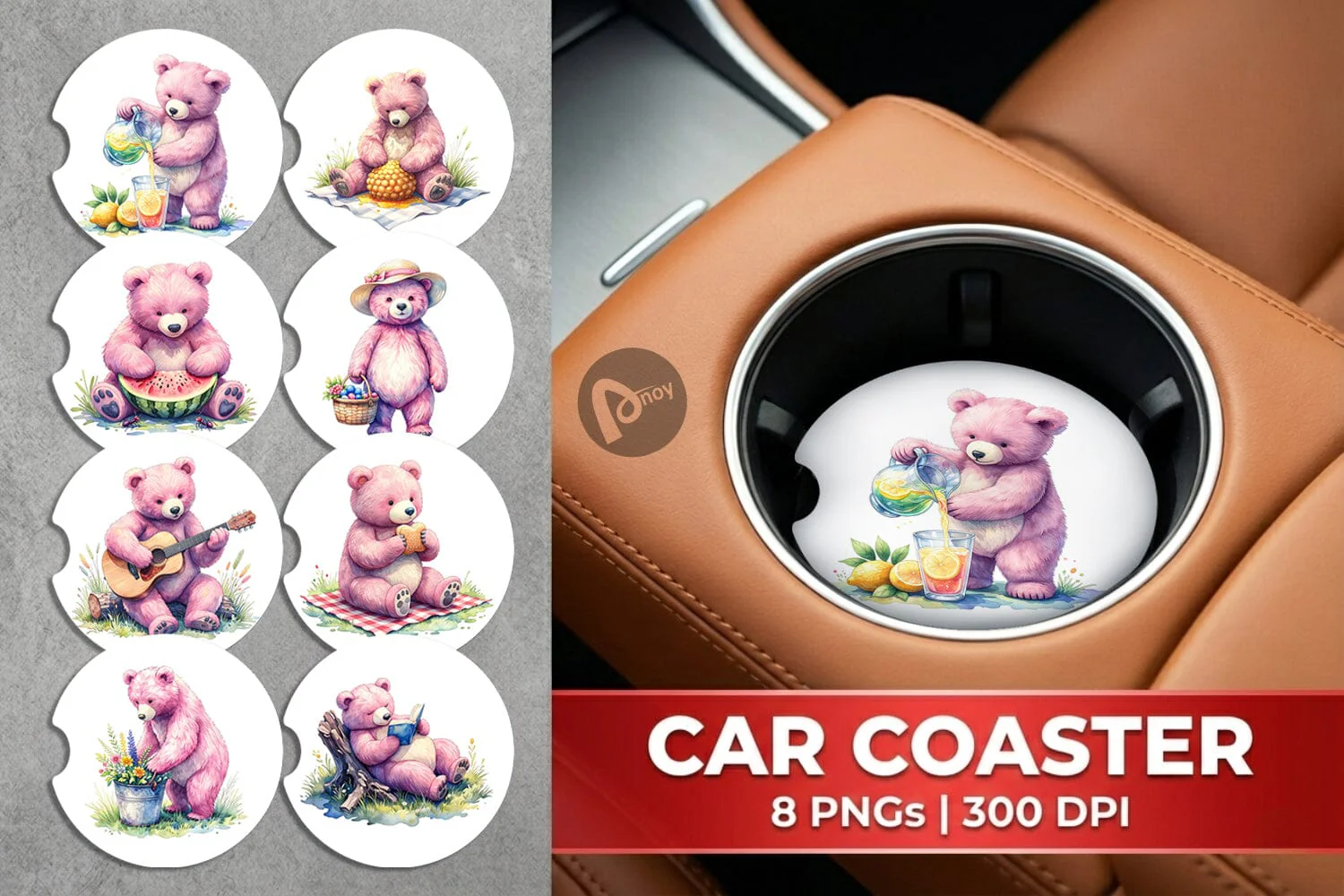 Car Coaster Woodland Mama Bear Watercolor