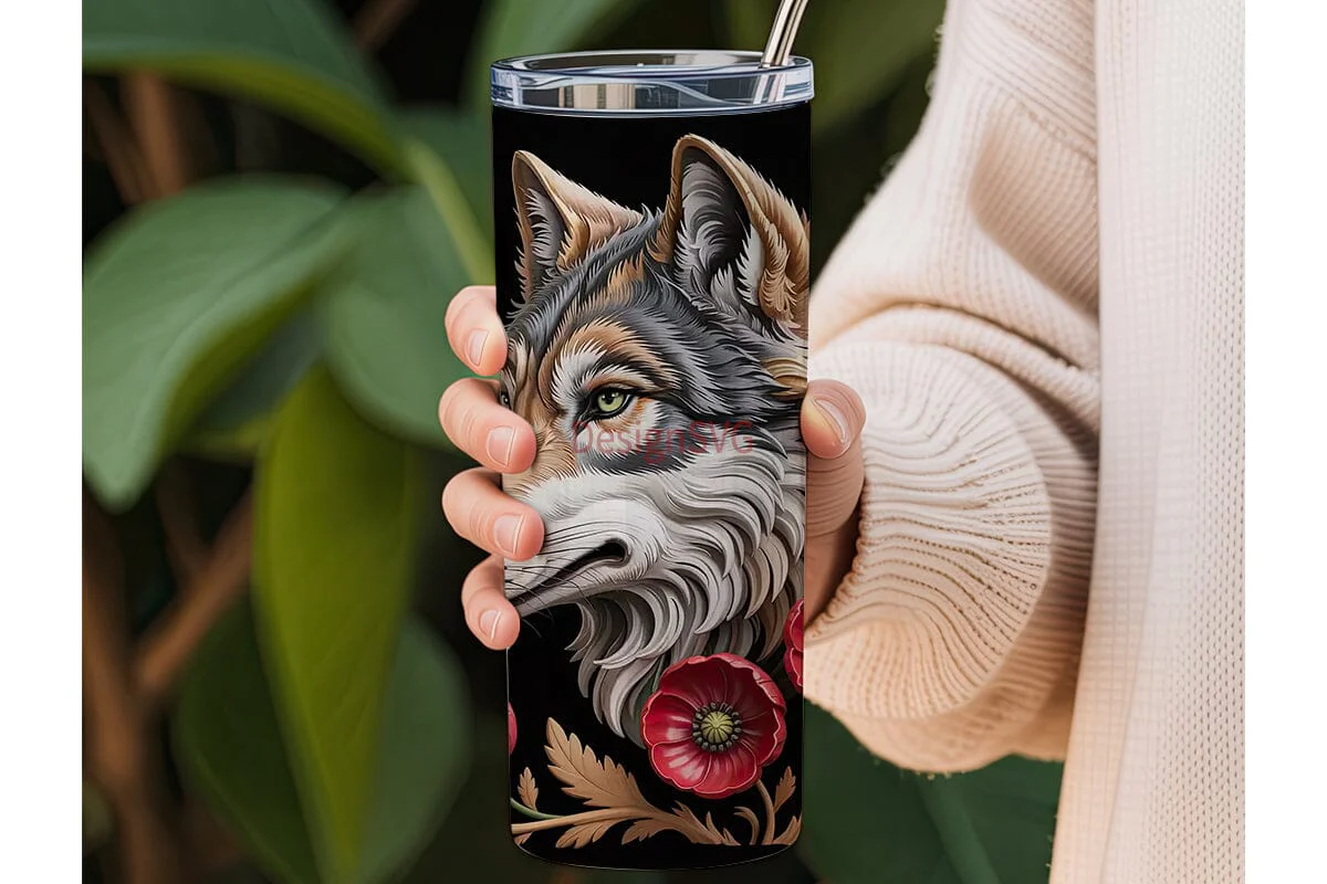 Carved Wolf & Flowers 20oz Tumbler - Image 3