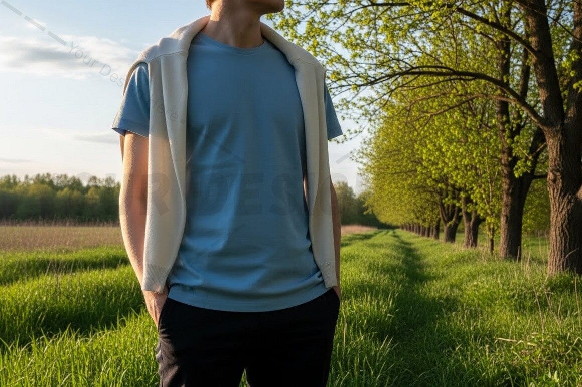 Casual blue t-shirt with hoodie in nature
