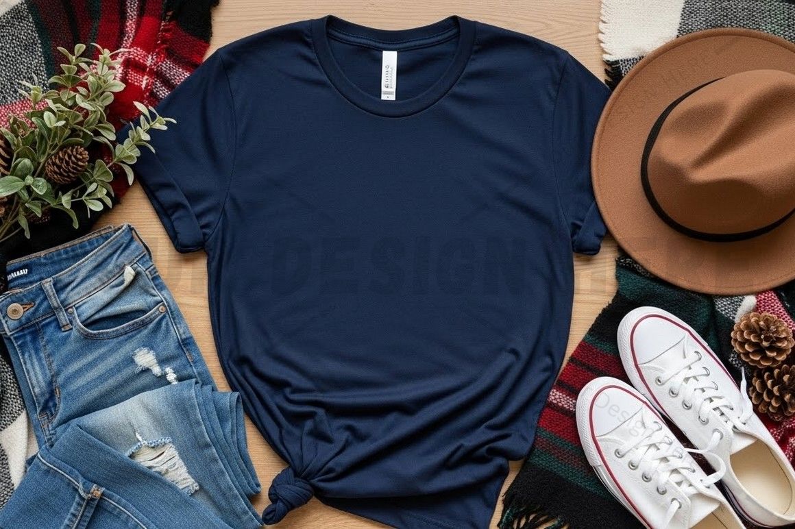 Casual navy blue t-shirt with accessories