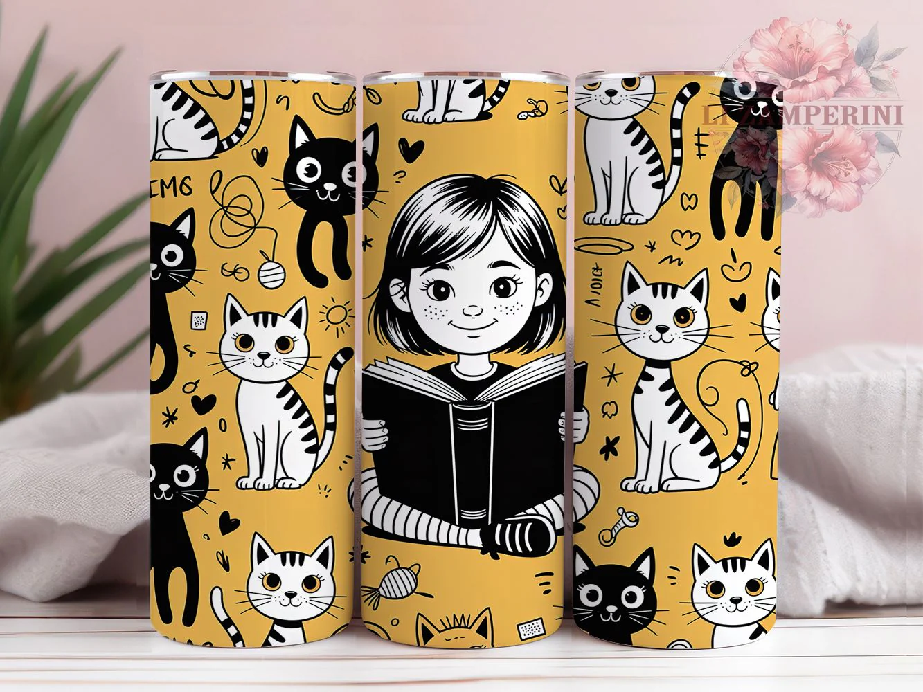 Cats And Books Lover Tumbler, Cute Cat Art, Reading Theme, Colorful Design, Museum Quality, 20Oz Tumbler, Sublimation Wrap