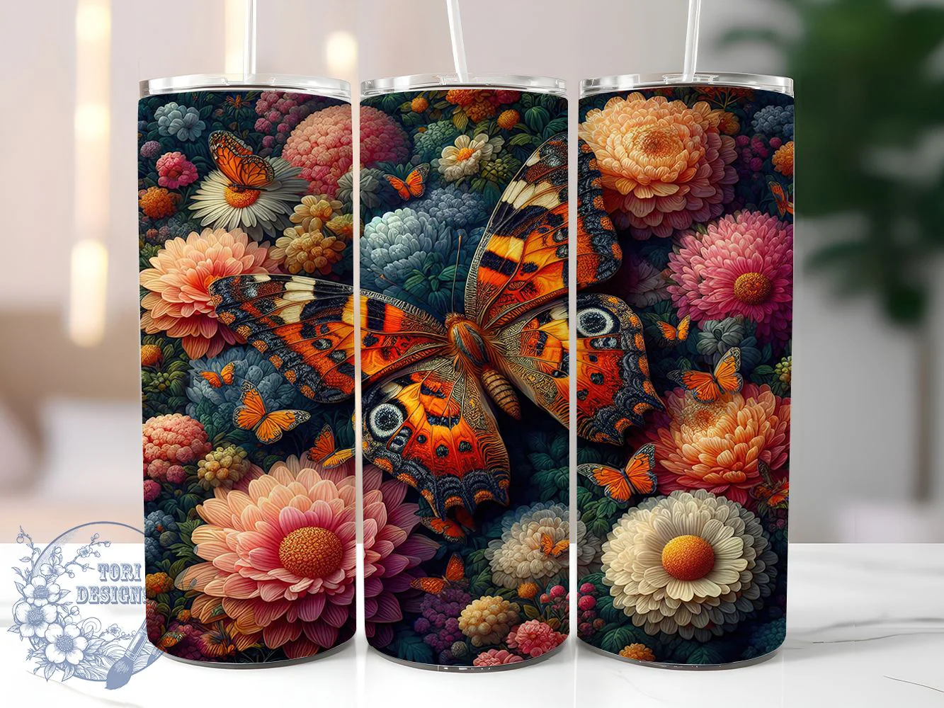 Whimsical Rustic Butterfly Floral Tumbler, Floral Tumbler Design, Rustic Butterfly Wrap, Whimsical Floral Wrap, Country Flower Wrap, Sublimation Design, Trendy Gift Idea