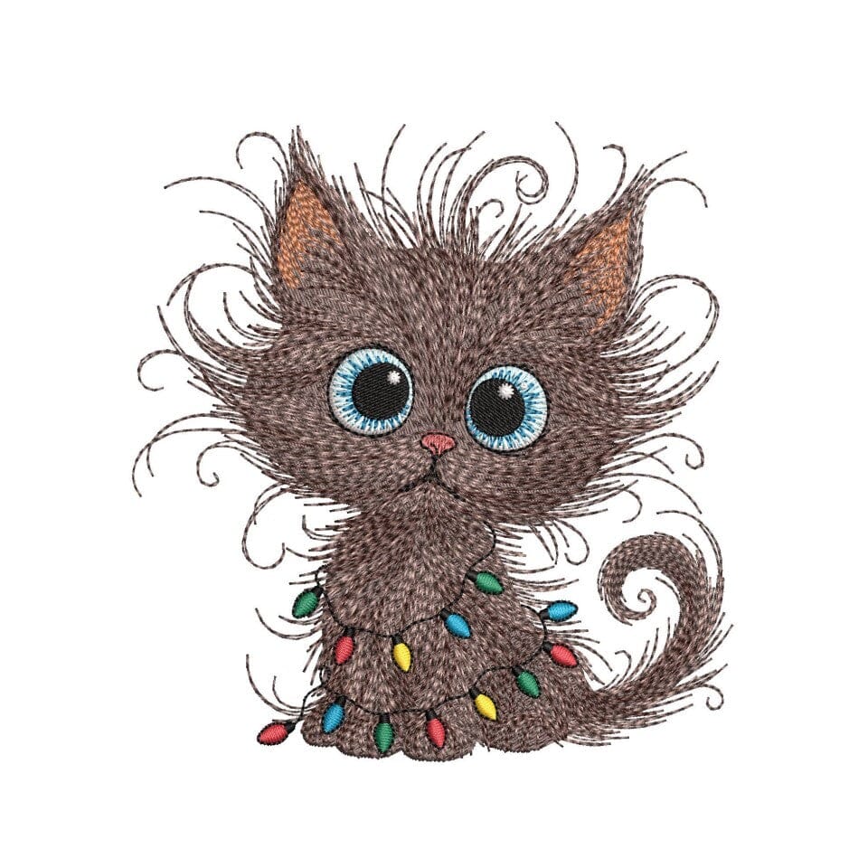 Christmas Cat with Lights Embroidery Design, Kitty Machine Embroidery File, 3 sizes, Instant download