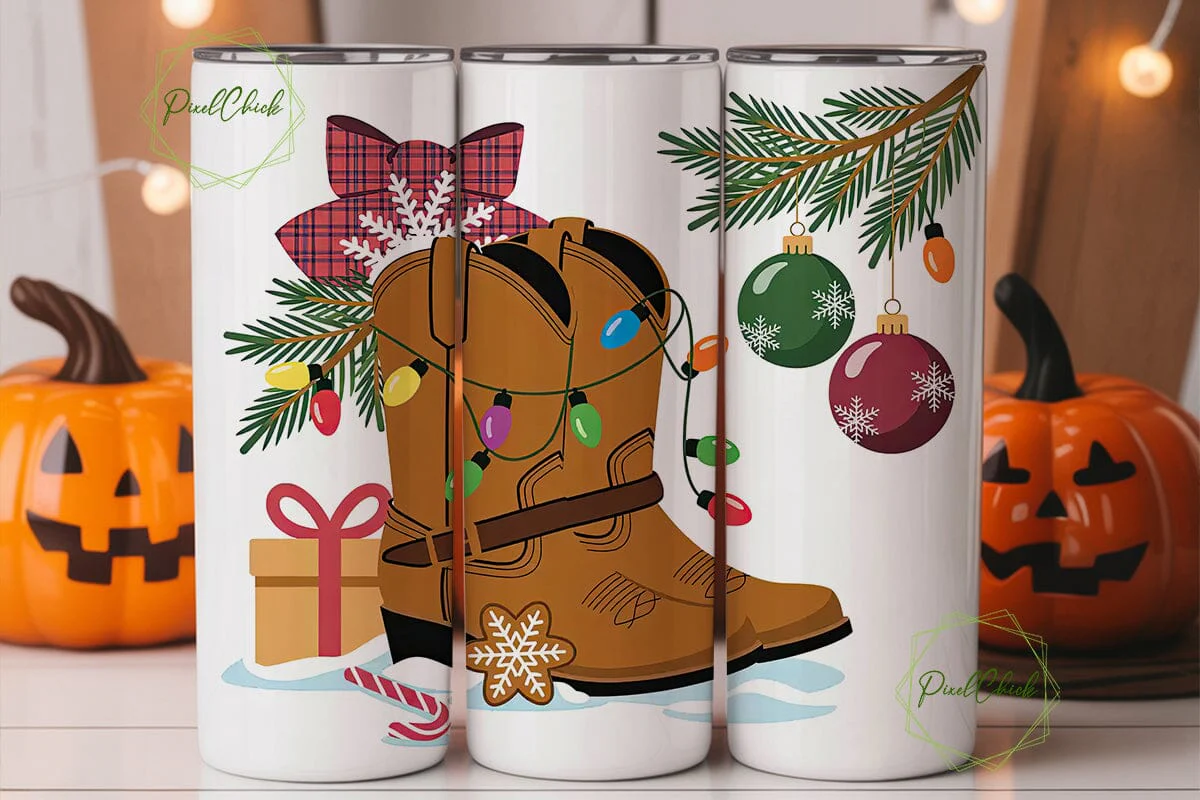 Christmas Cowboy Boots 20oz Tumbler Wrap - Image 3