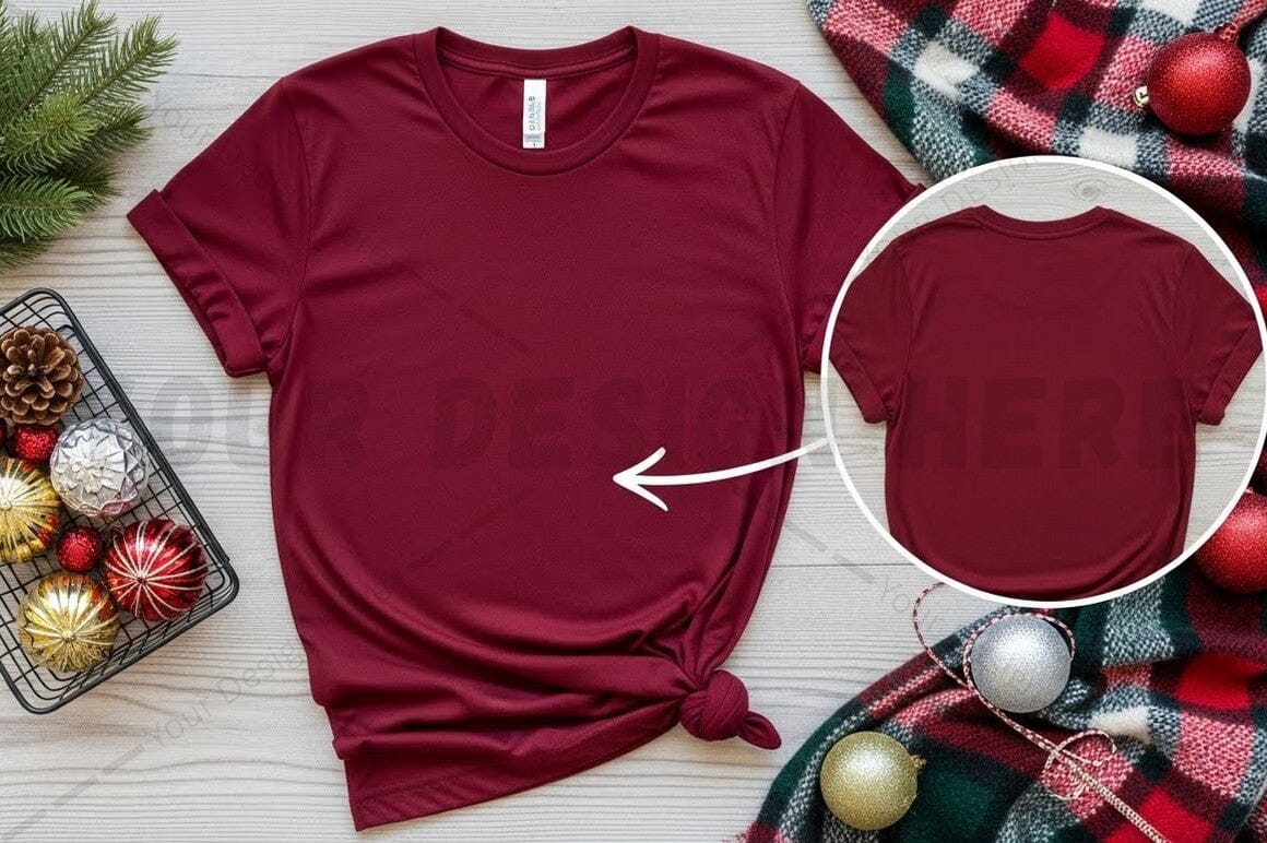 Christmas-themed maroon t-shirt mockup