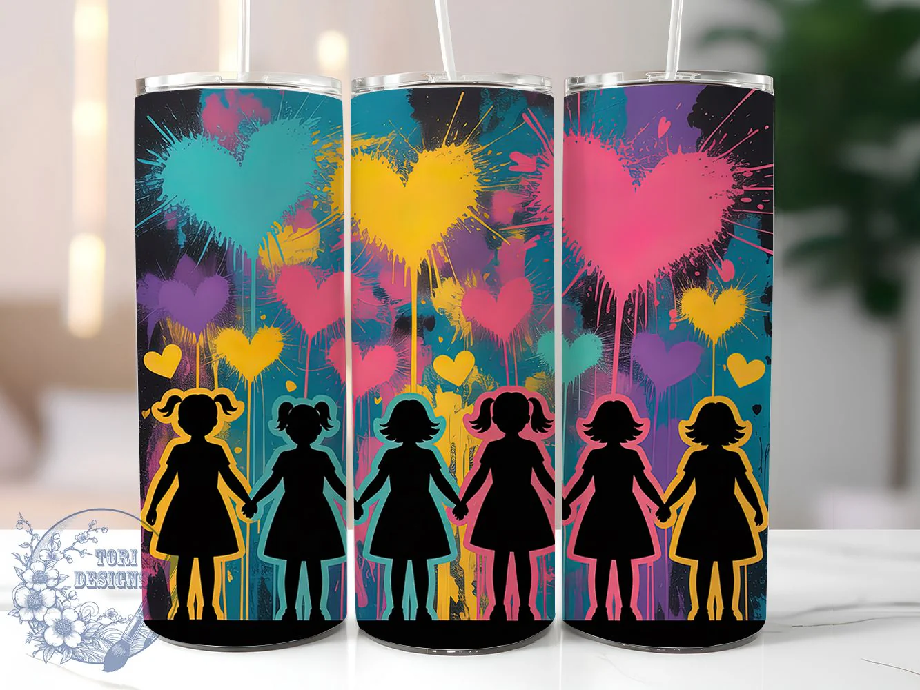 Colorful Heart Silhouettes Tumbler, Heart Silhouettes, Vibrant Design, Love Theme, Tumbler Wrap, Sublimation Design, 20oz Tumbler
