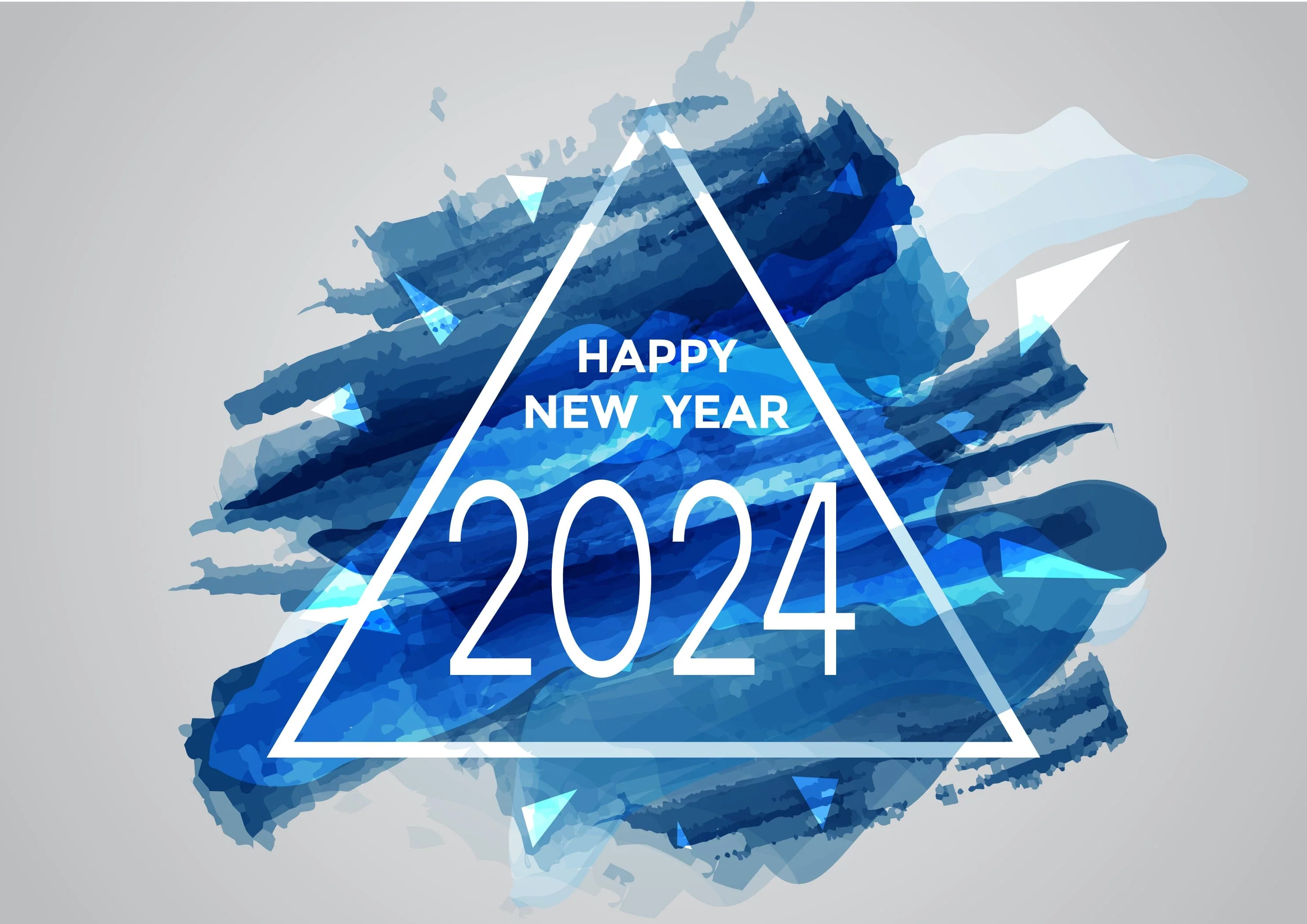 Colorful watercolor Happy New Year 2024 Background with blue brushstroke paint lettering calligraphy