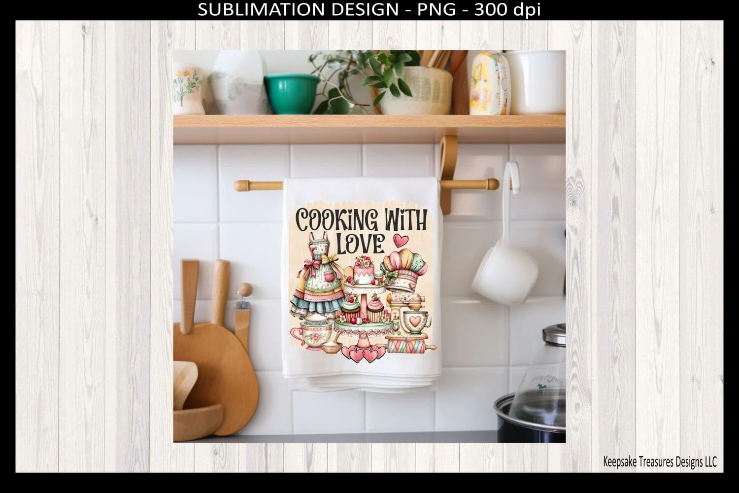 Cooking With Love PNG, Cozy Kitchen Sublimation Design, Vintage Baking Tea Towel Design, Digital Download - Image 2