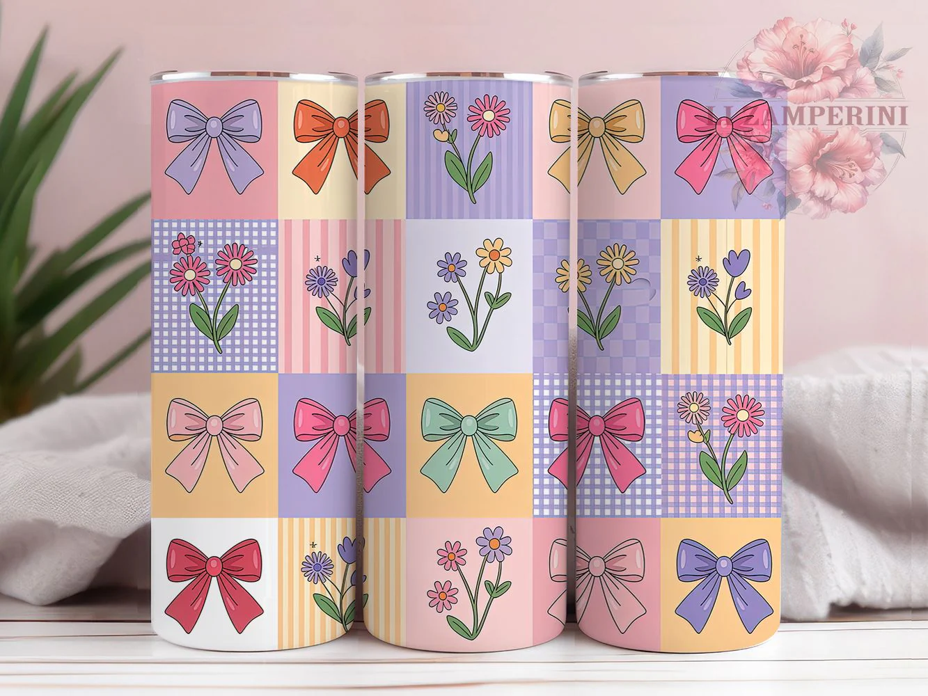 Coquette Pastel Bow Patchwork Tumbler Wrap, Pastel Bows, Floral Theme, Girly Style, Cute Design, Tumbler Wrap, Sublimation Design