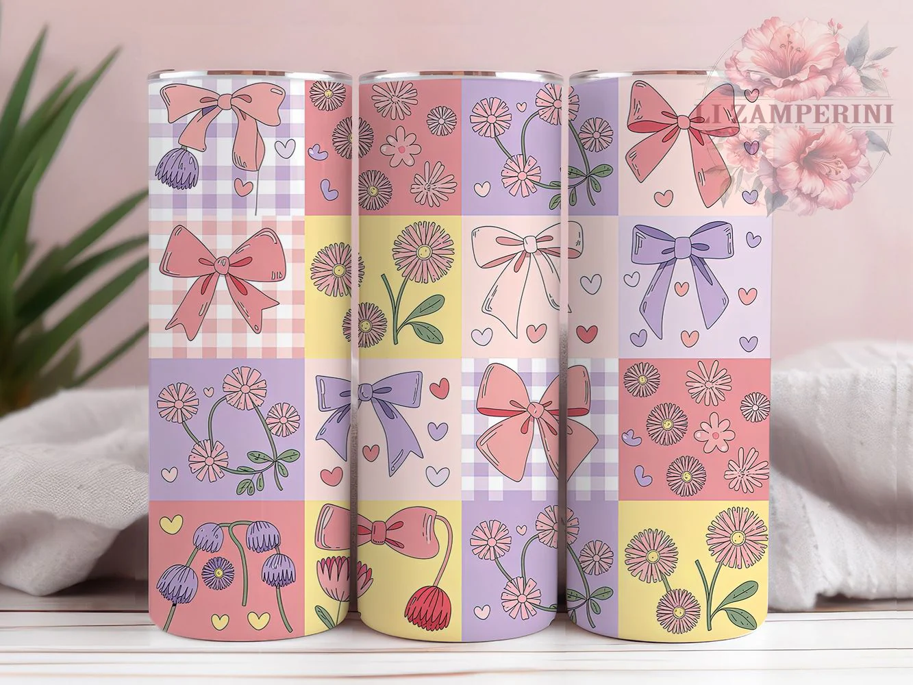 Coquette Pastel Bow Patchwork Tumbler Wrap, Pastel Bows, Floral Theme, Girly Style, Cute Design, Tumbler Wrap, Sublimation Design