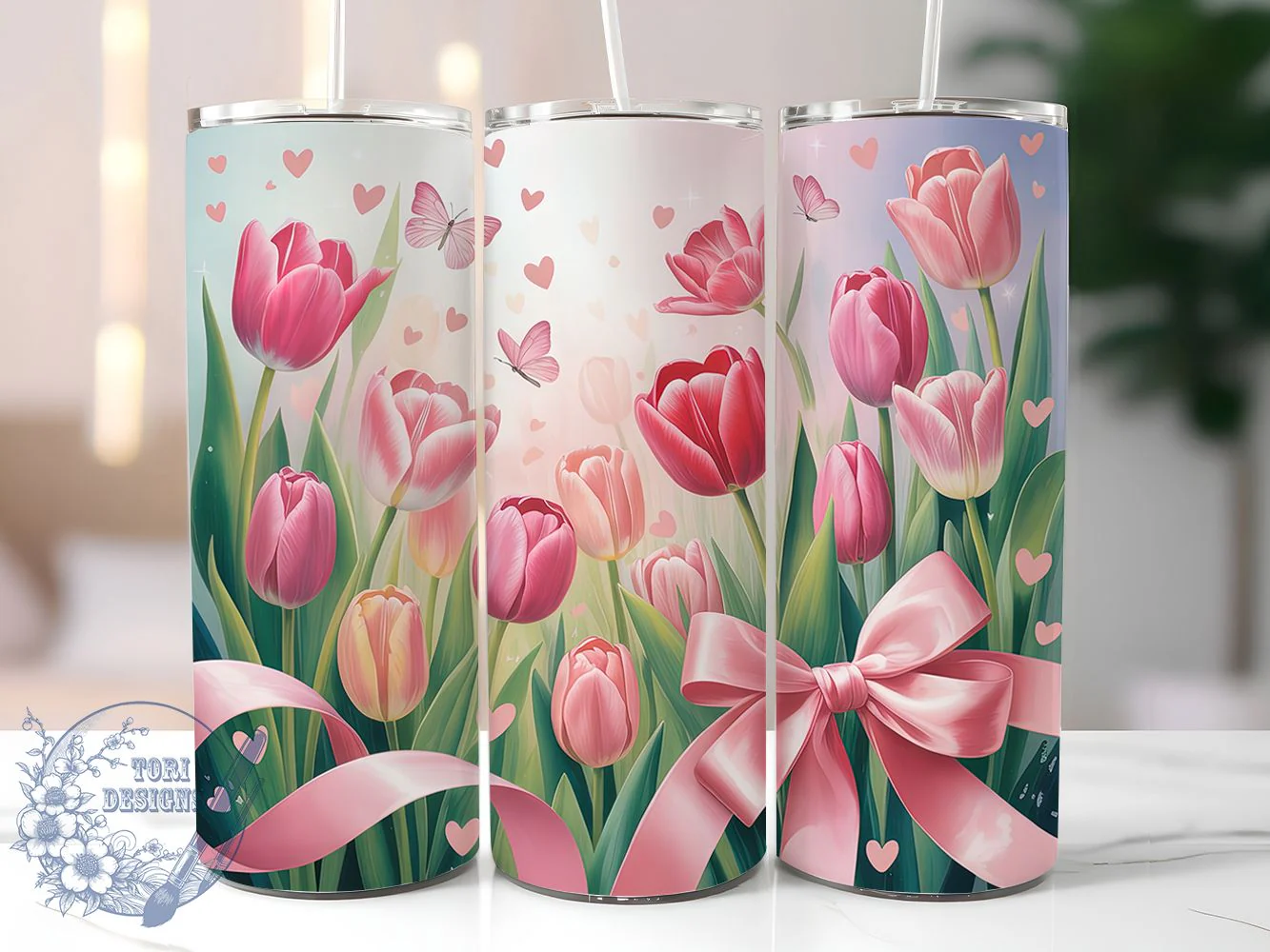 Coquette Pink Tulip Tumbler, Coquette Bow Tumbler, Seamless Floral Wrap, Elegant Tulip Wrap, Girly Bow Wrap, Sublimation Design, Trendy Gift Idea