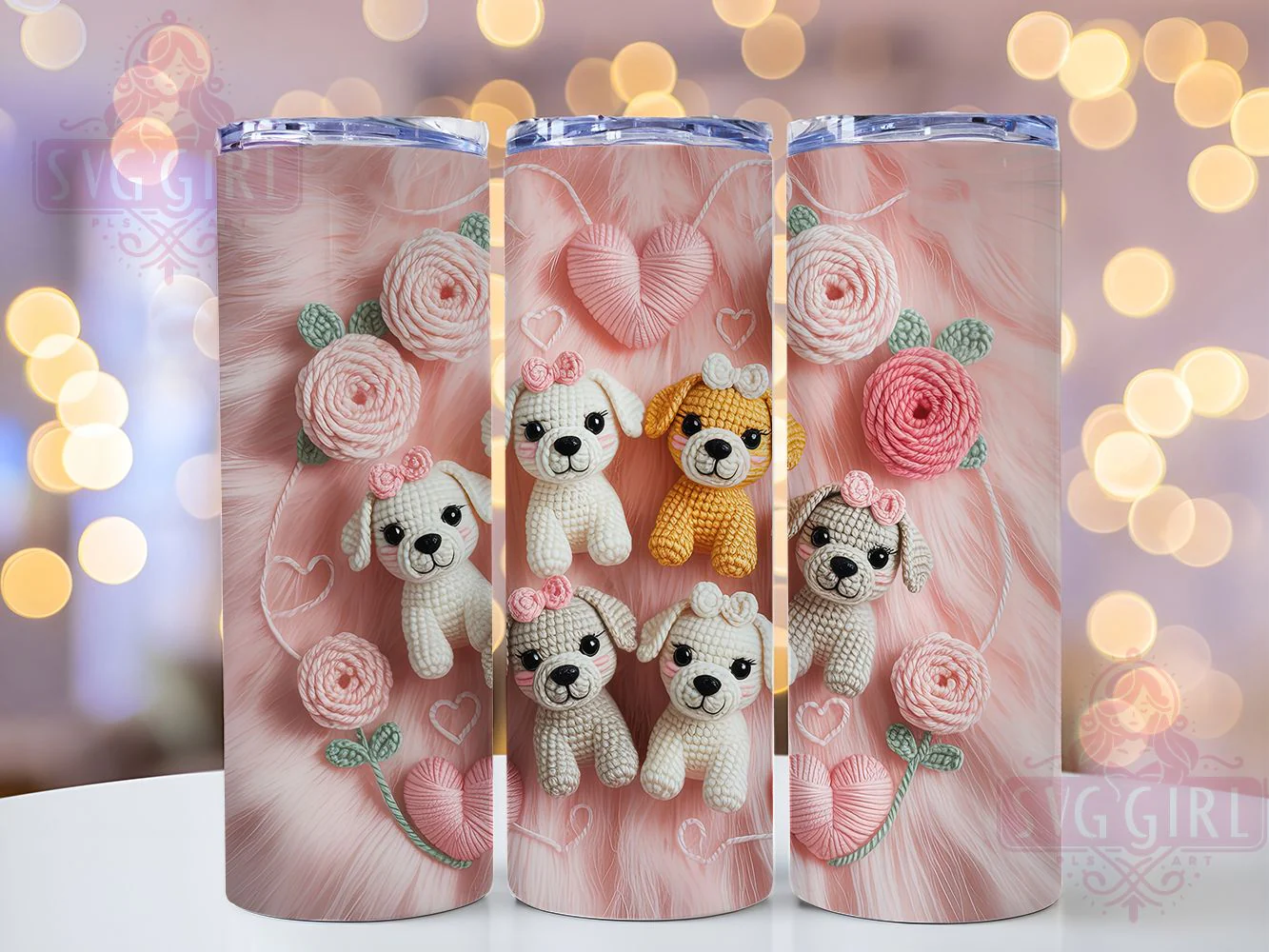 Crochet Puppy Pink Floral Tumbler Wrap, Pink Floral, Faux Yarn, Cute Design, Handmade Style, Tumbler Wrap, Sublimation Design