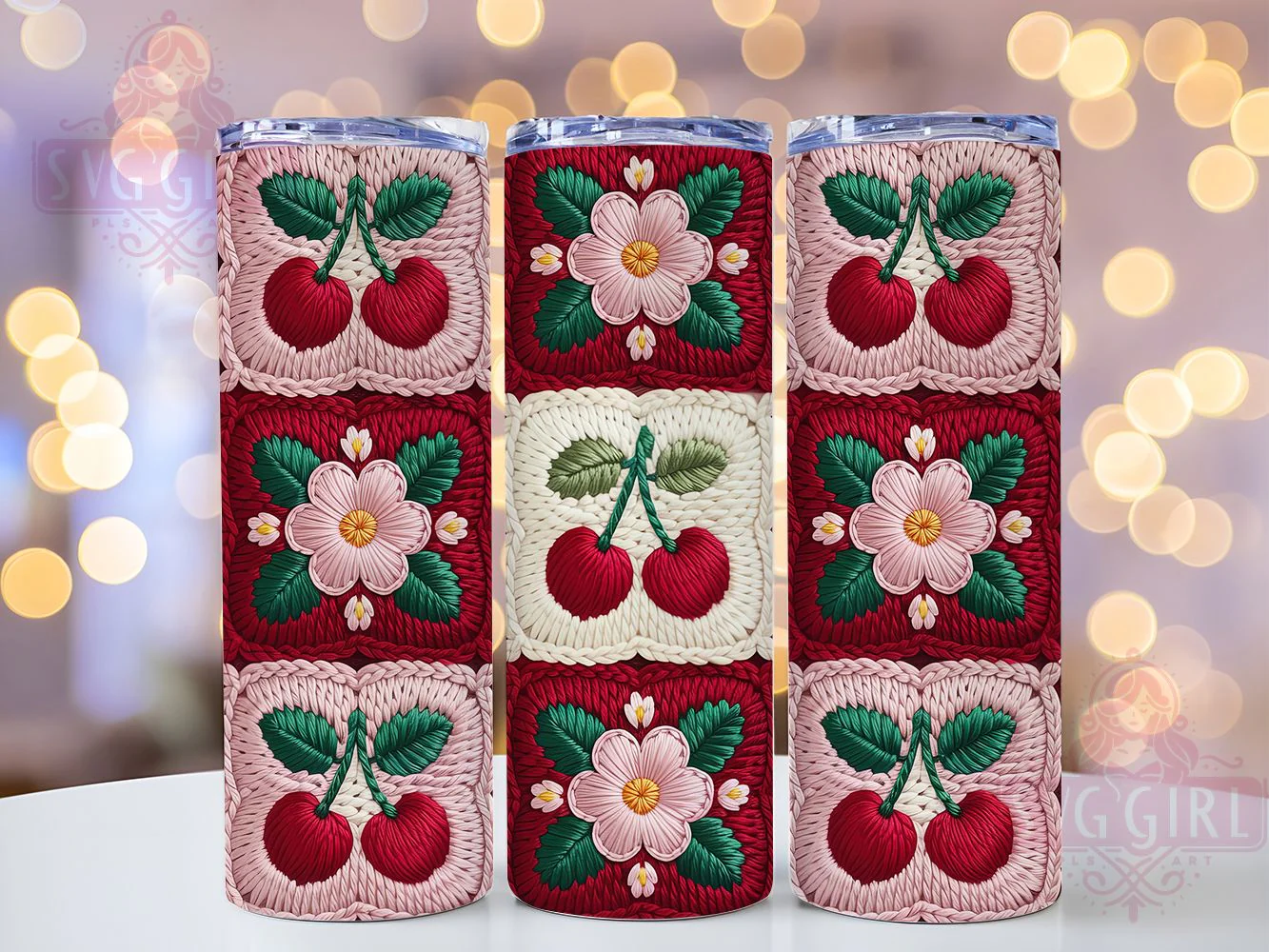 Crocheted Cherry Wildflower Tumbler Wrap, Wildflowers, Faux Yarn, Handmade Style, Floral Theme, Tumbler Wrap, Sublimation Design