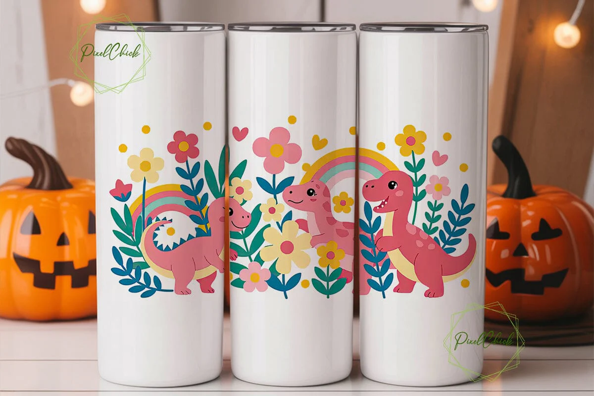 Cute Dino Floral 20oz Tumbler Wrap - Image 2