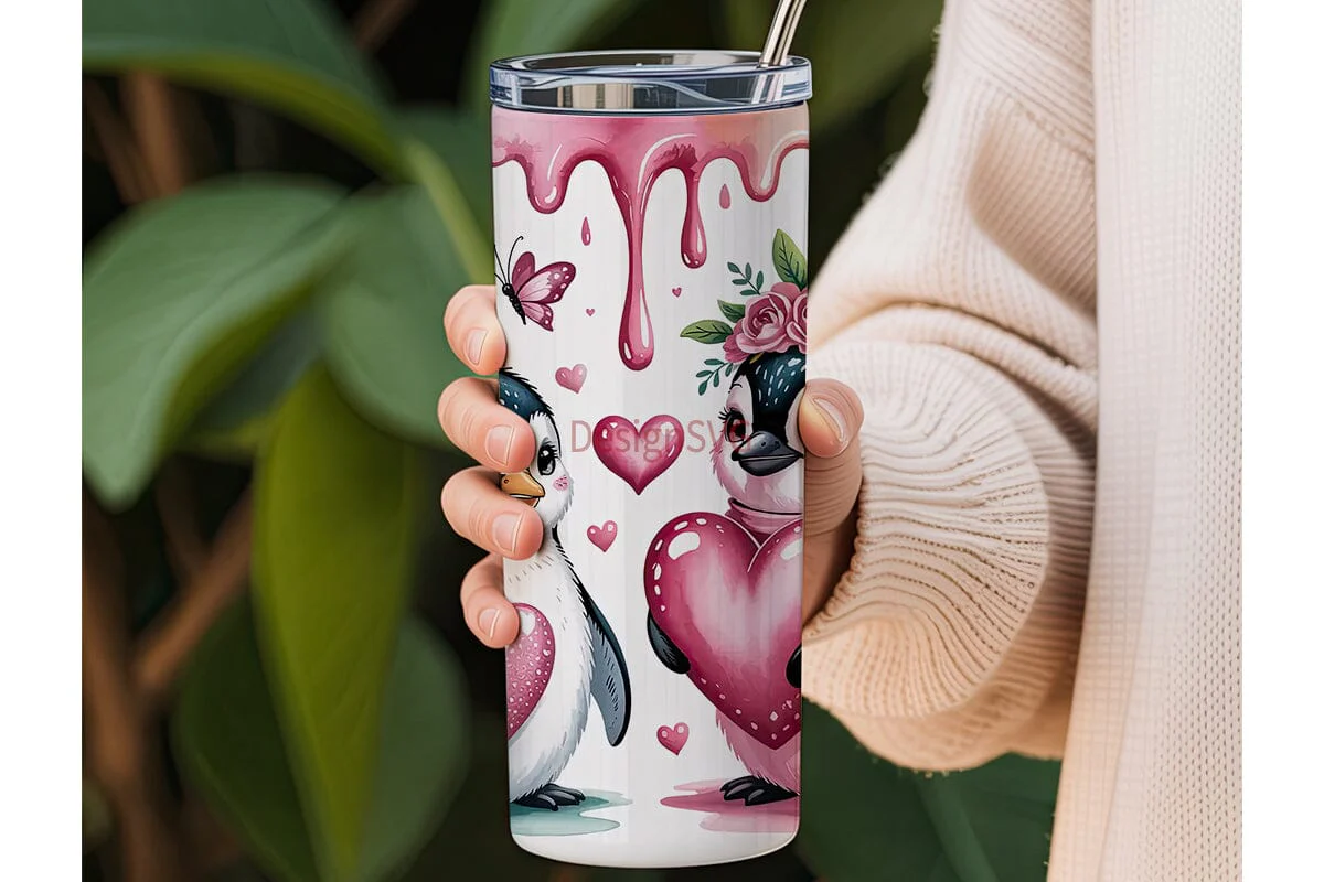 Cute Penguin Couple 20oz Tumbler Wrap - Image 3