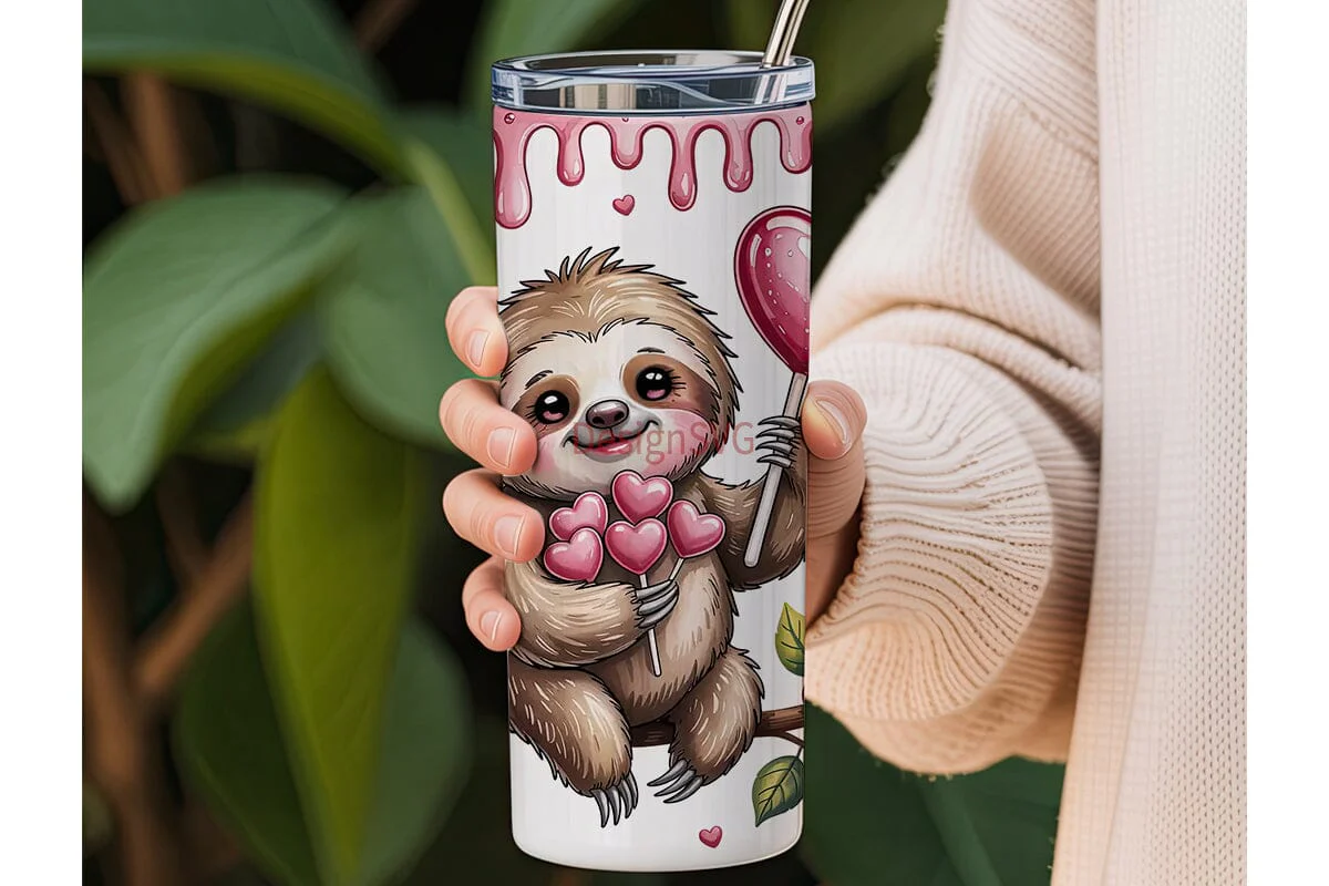 Cute Valentine Sloth 20oz Tumbler Wrap - Image 3