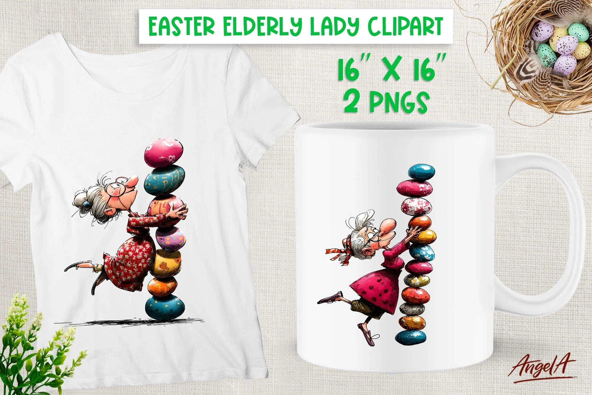 Dancing Elderly old lady with Easter eggs clipart PNG