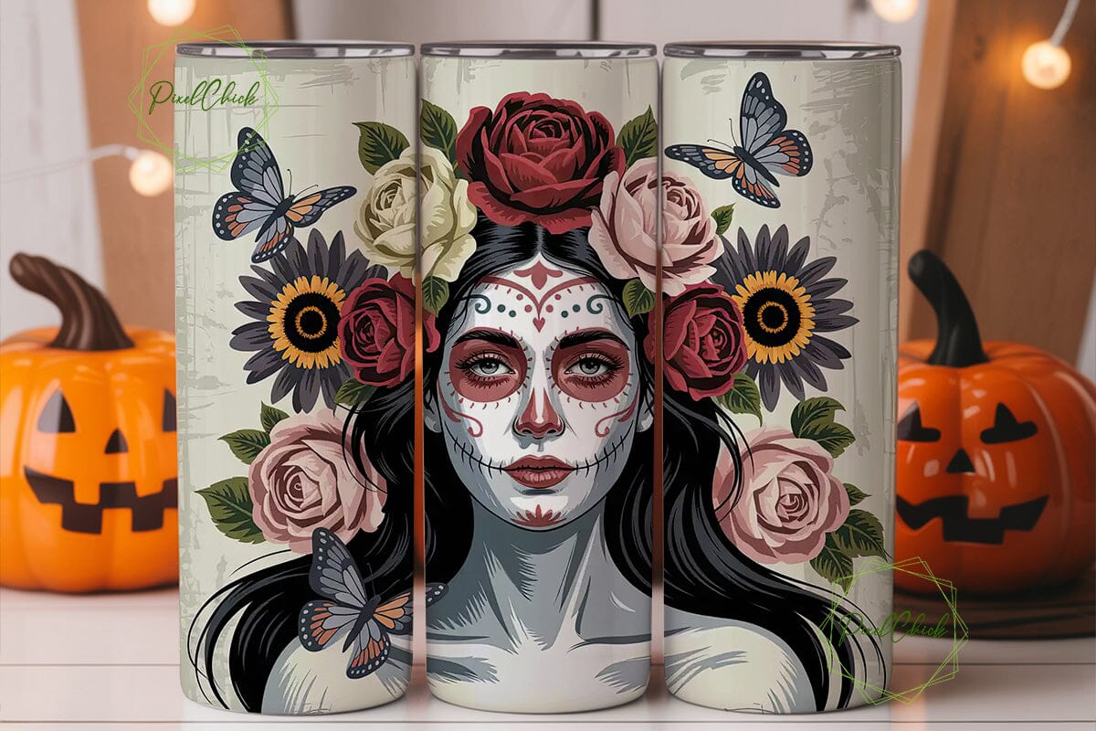 Dia de los Muertos Floral Skull Tumbler - Image 3