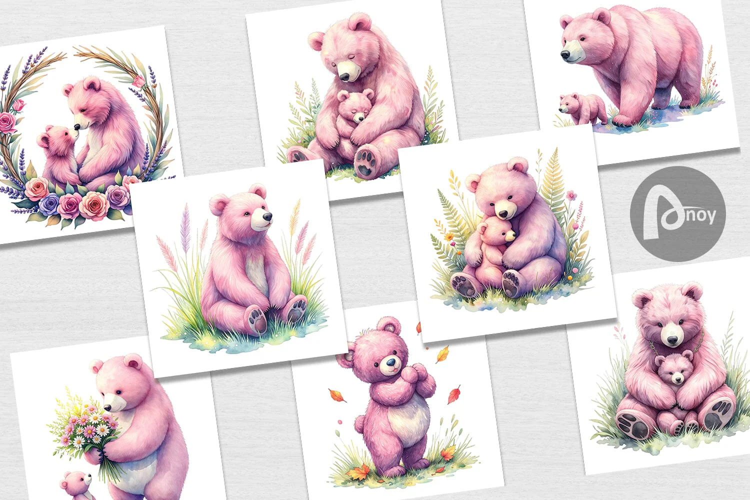 Digital Paper Mama Bear Cub Watercolor - Image 2