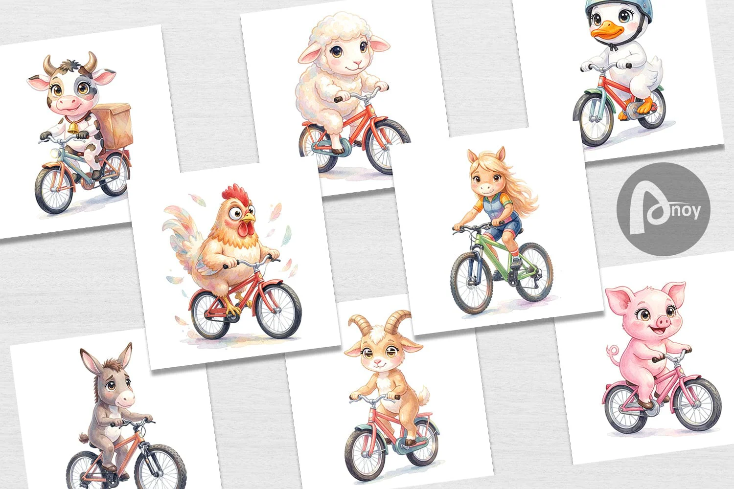 Digital Paper Watercolor Big Eye Barnyard Biking Art - Image 2