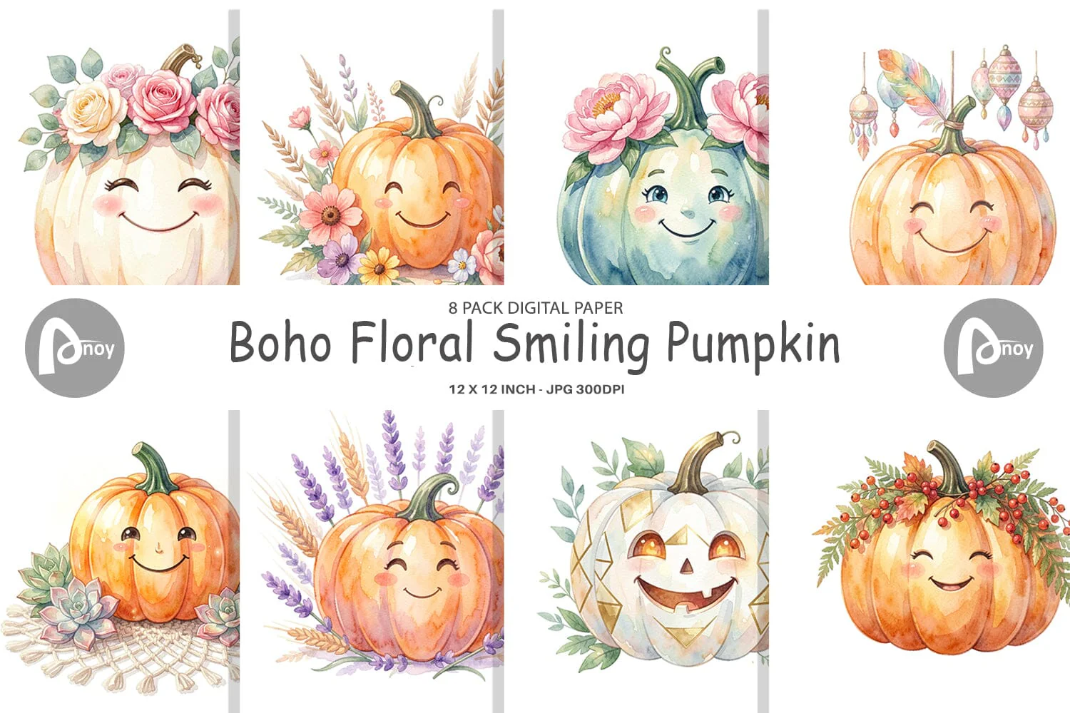 Digital Paper Watercolor Boho Floral Smiling Pumpkin