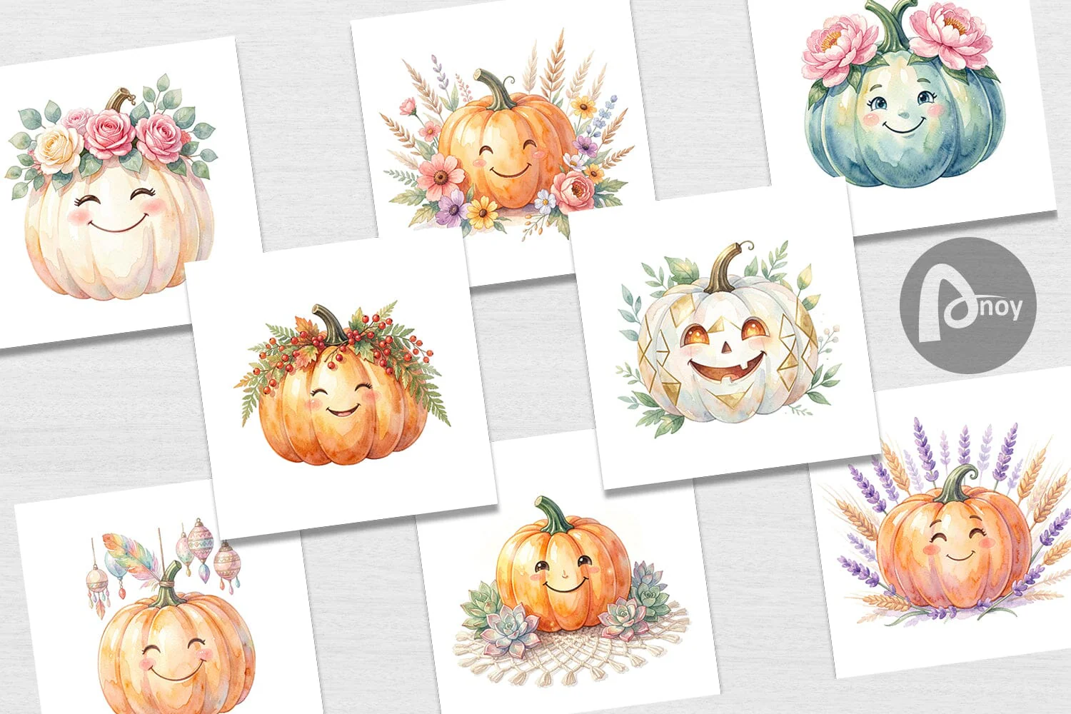 Digital Paper Watercolor Boho Floral Smiling Pumpkin - Image 2