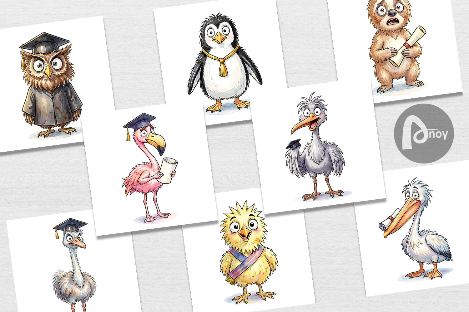 Digital Paper Watercolor Funny Animal Graduation - Image 2
