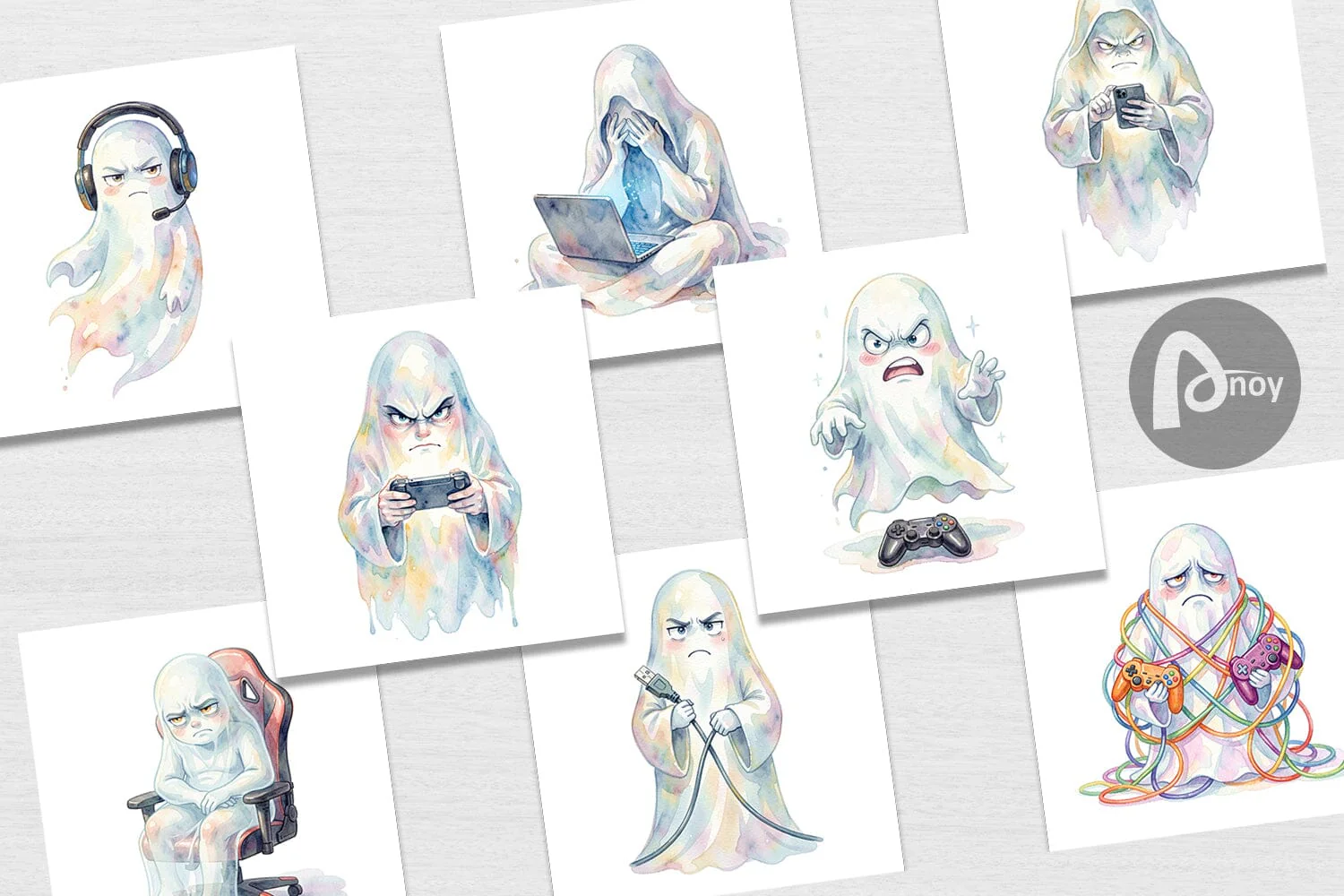 Digital Paper Watercolor Funny Grumpy Gamer Ghost - Image 2