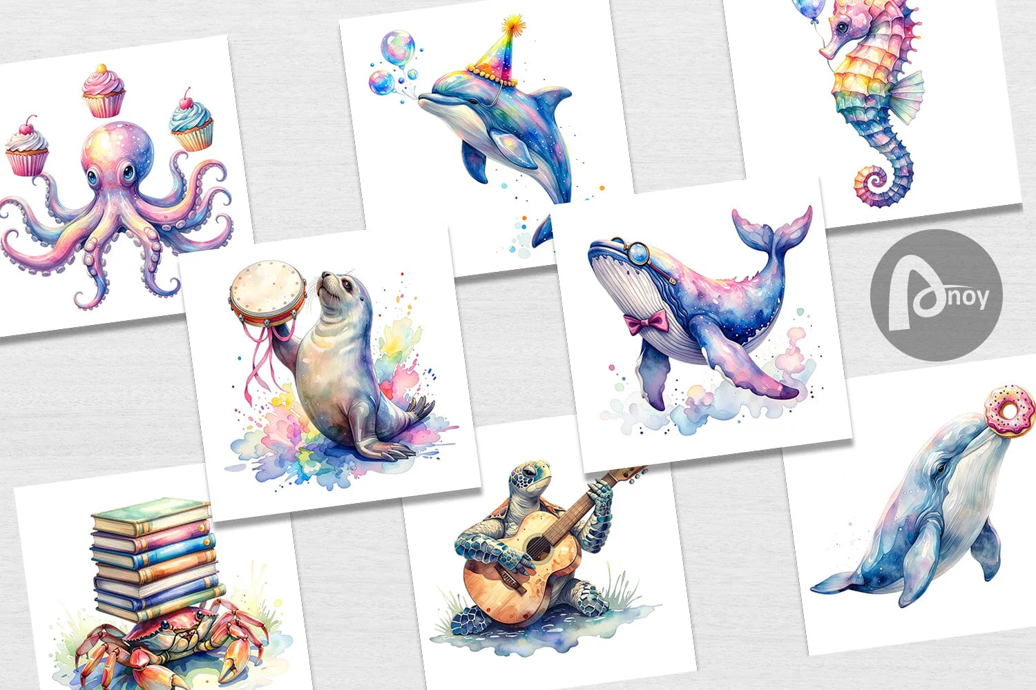 Digital Paper Watercolor Funny Ocean Animals - Image 2