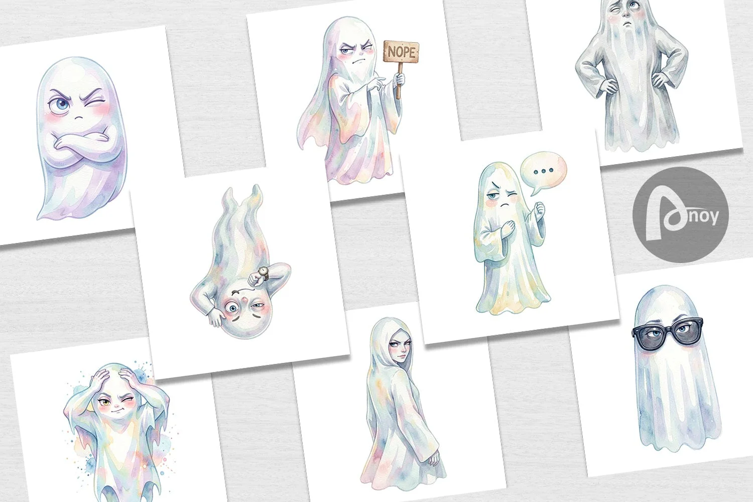 Digital Paper Watercolor Funny Sarcastic Mood Ghost - Image 2