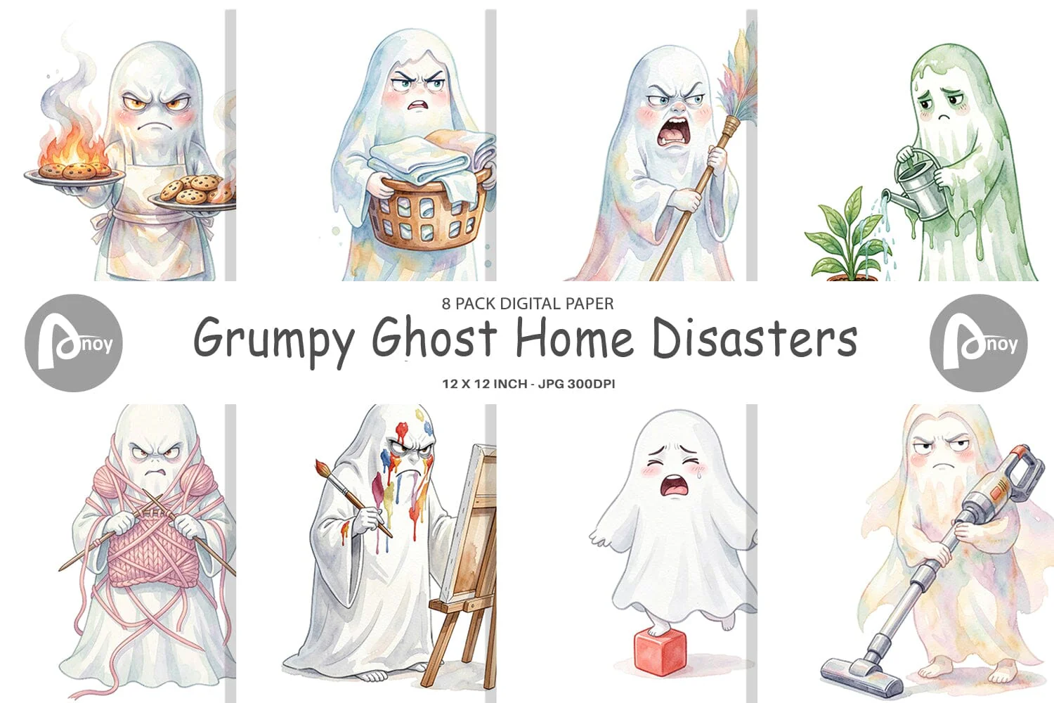 Digital Paper Watercolor Grumpy Ghost Home Disasters
