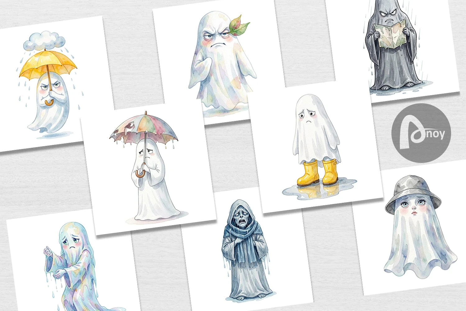 Digital Paper Watercolor Grumpy Rainy Day Ghost Art - Image 2