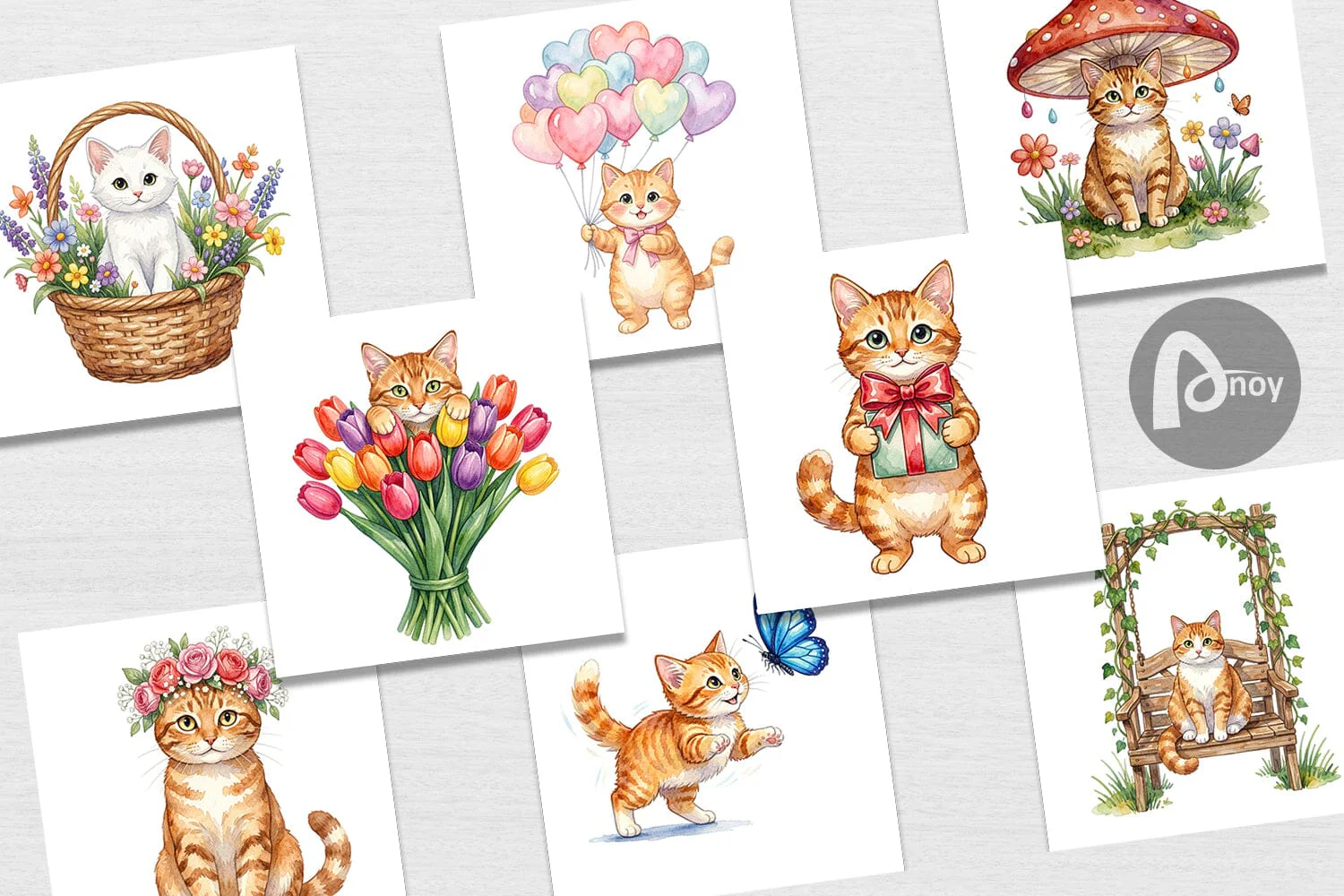 Digital Paper Watercolor Pastel Garden Cat Celebration - Image 2