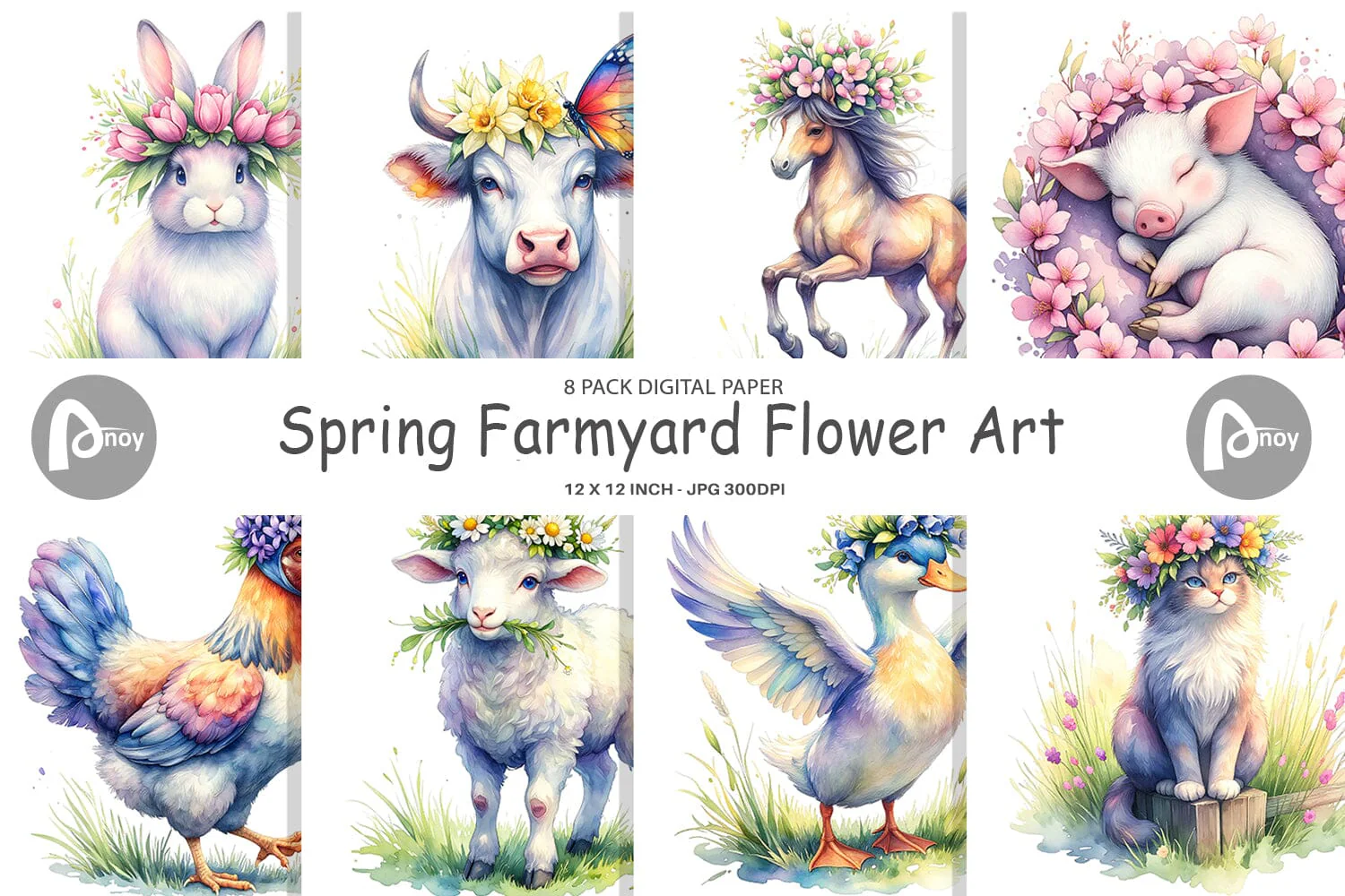 Digital Paper Watercolor Spring Farmyard Flower Art