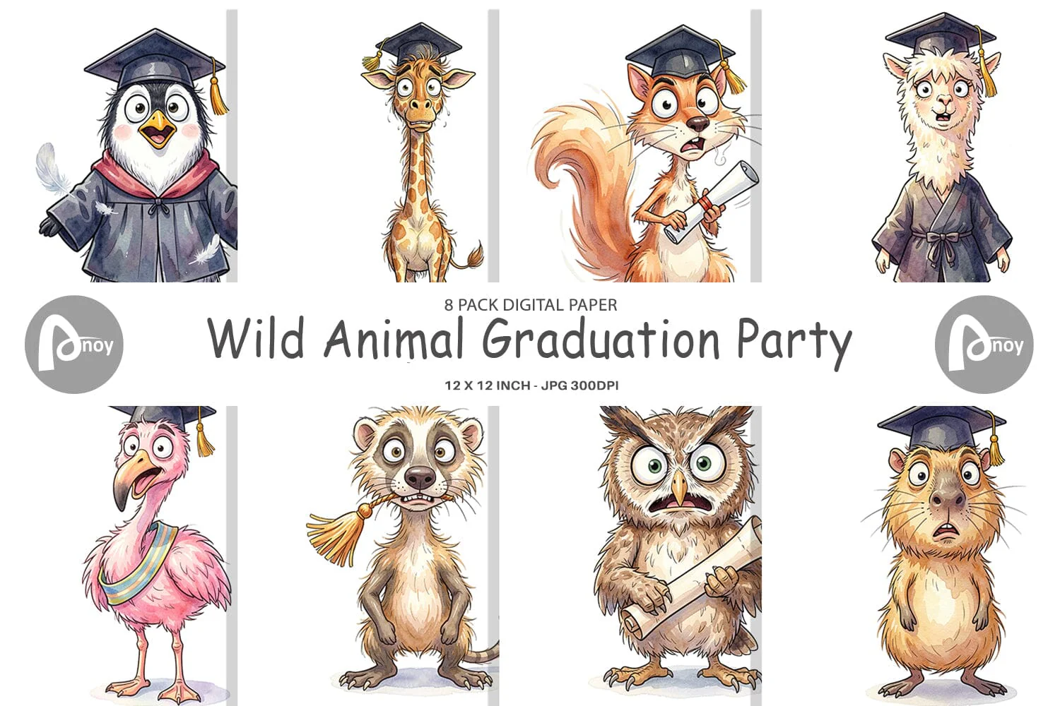 Digital Paper Watercolor Wild Animal Graduation Party