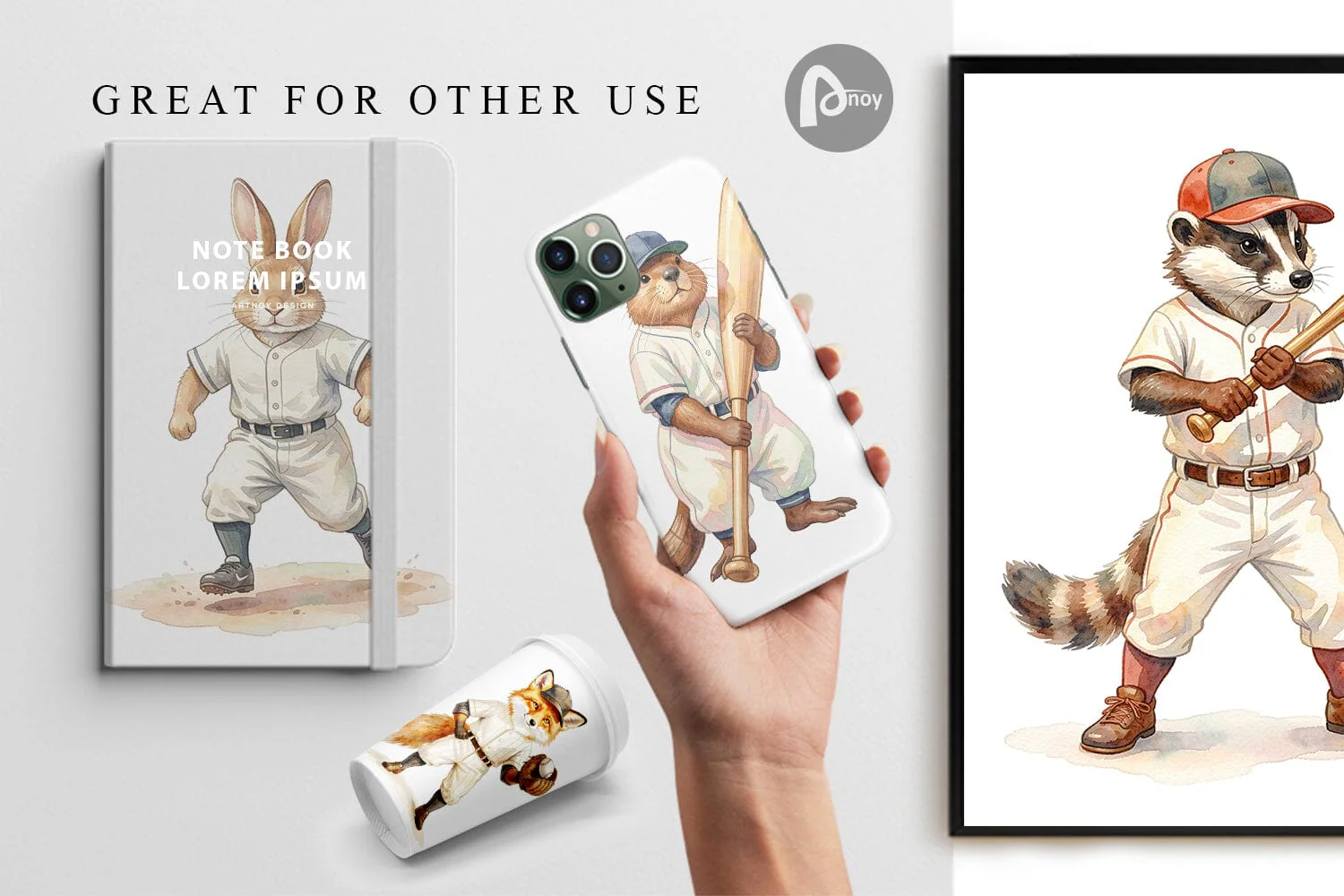 Digital Paper Watercolor Woodland Animal Baseball - Image 3
