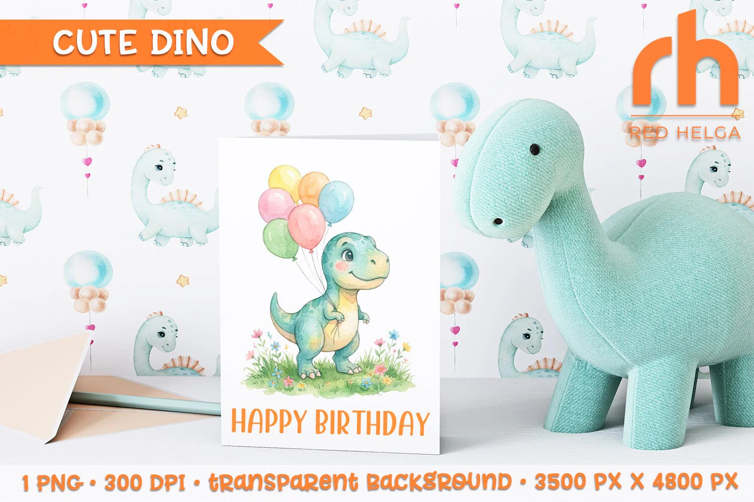 Dinosaur with Balloons Watercolor Clipart PNG, Nursery Art - Image 3
