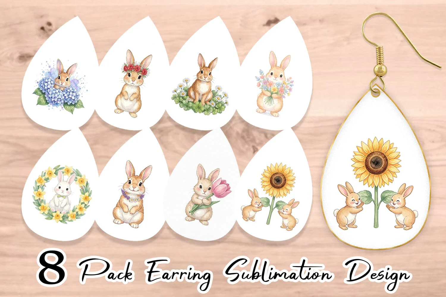 Earring Watercolor Floral Spring Easter Bunny