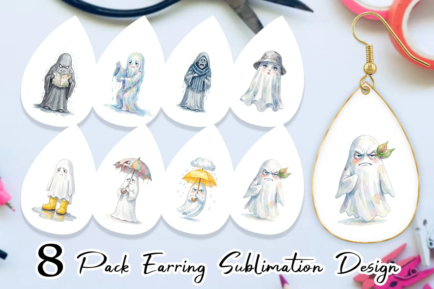 Earring Watercolor Grumpy Rainy Day Ghost Art