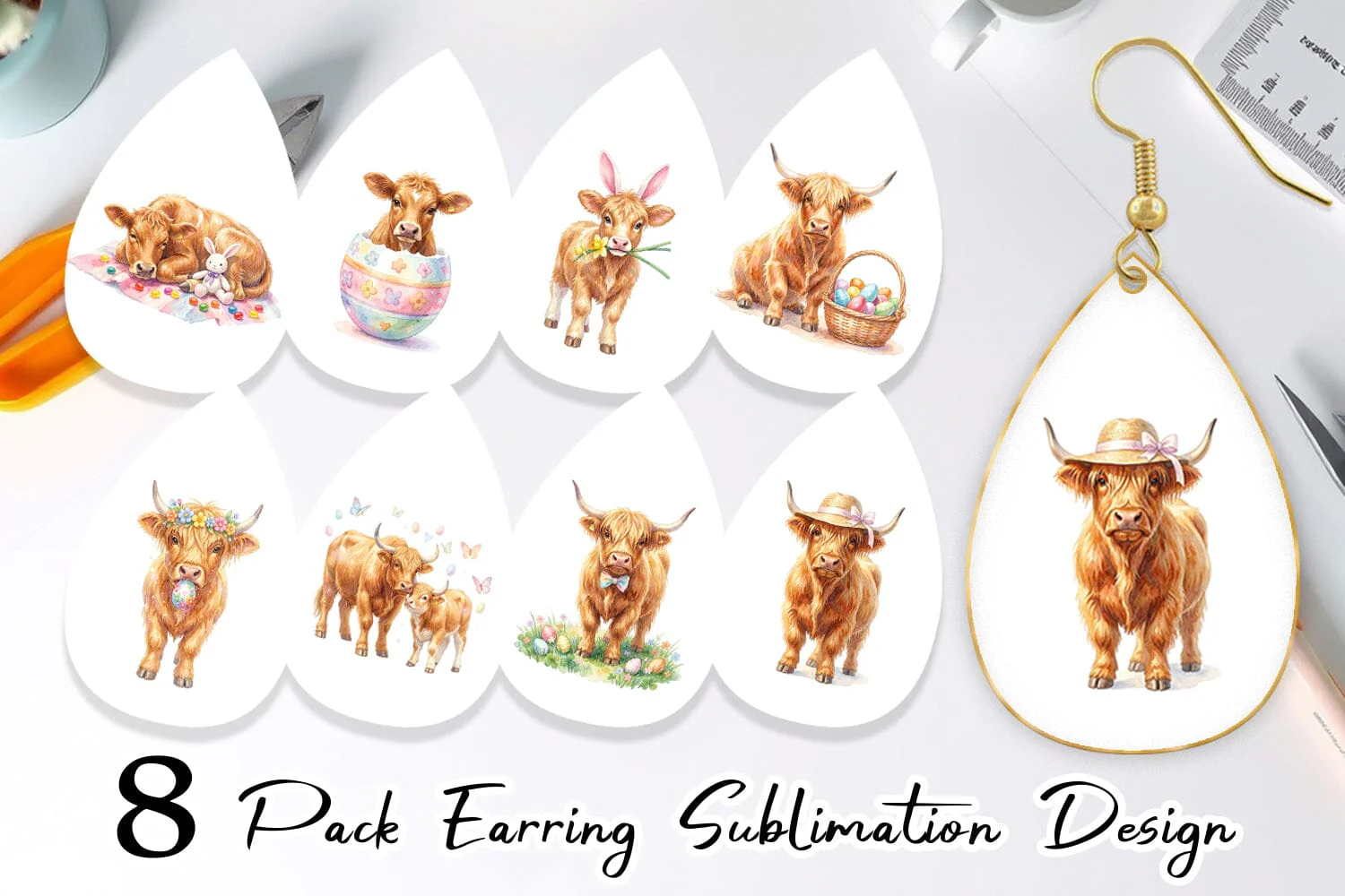 Earring Watercolor Highland Cow Easter