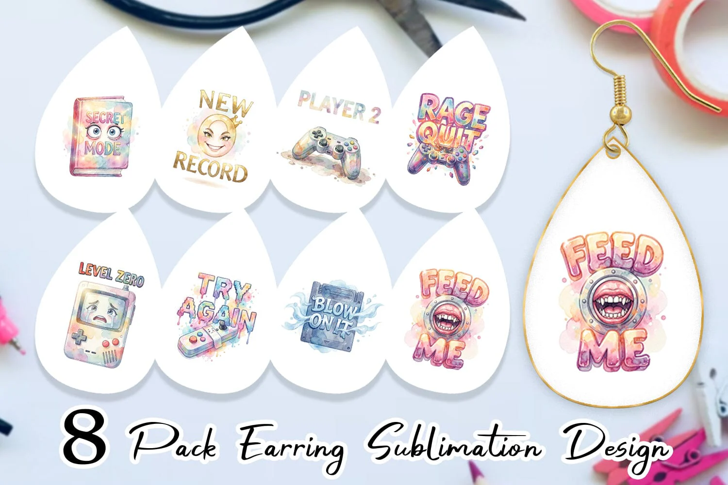 Earring Watercolor Sarcastic Retro Gaming Quotes