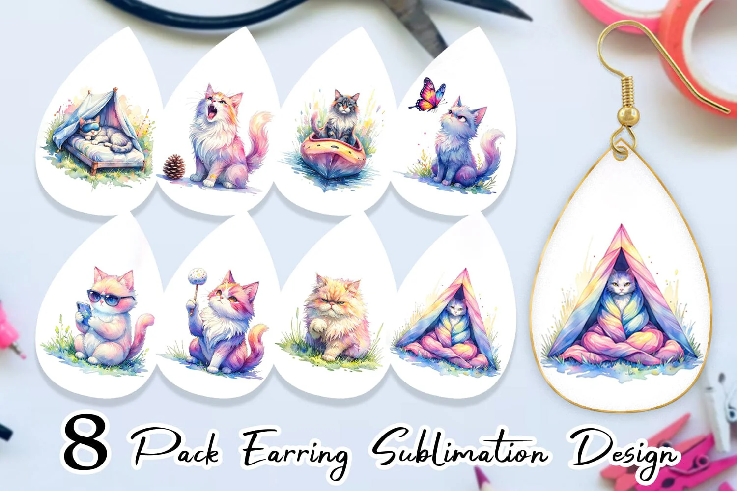 Earring Watercolor Sassy Sarcastic Camping Cat