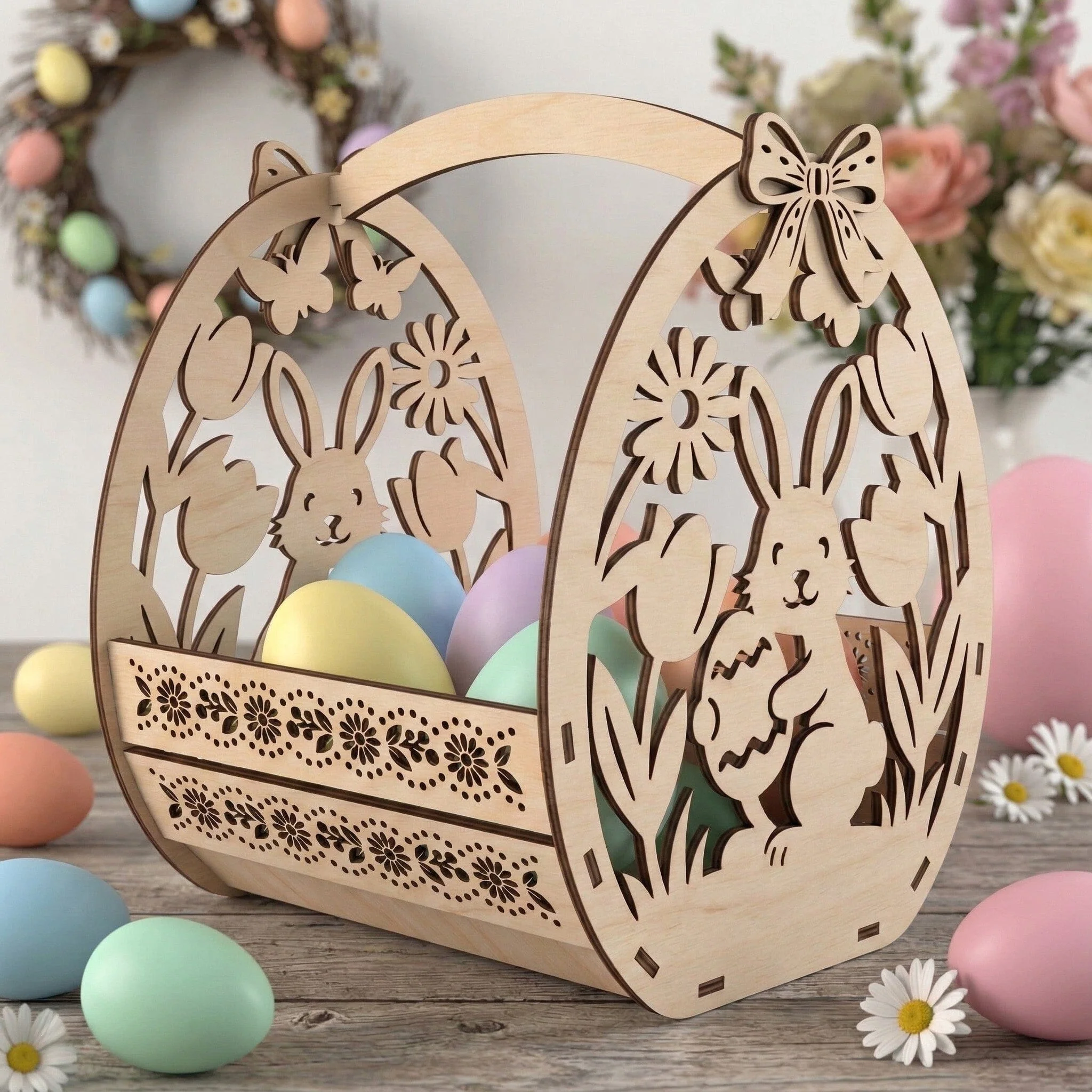 Easter Basket Laser SVG Bundle, 5 Laser Cut Easter Baskets, Egg Basket SVG, Easter Decor Laser Files - Glowforge Cricut SVG Dxf Eps - Image 3