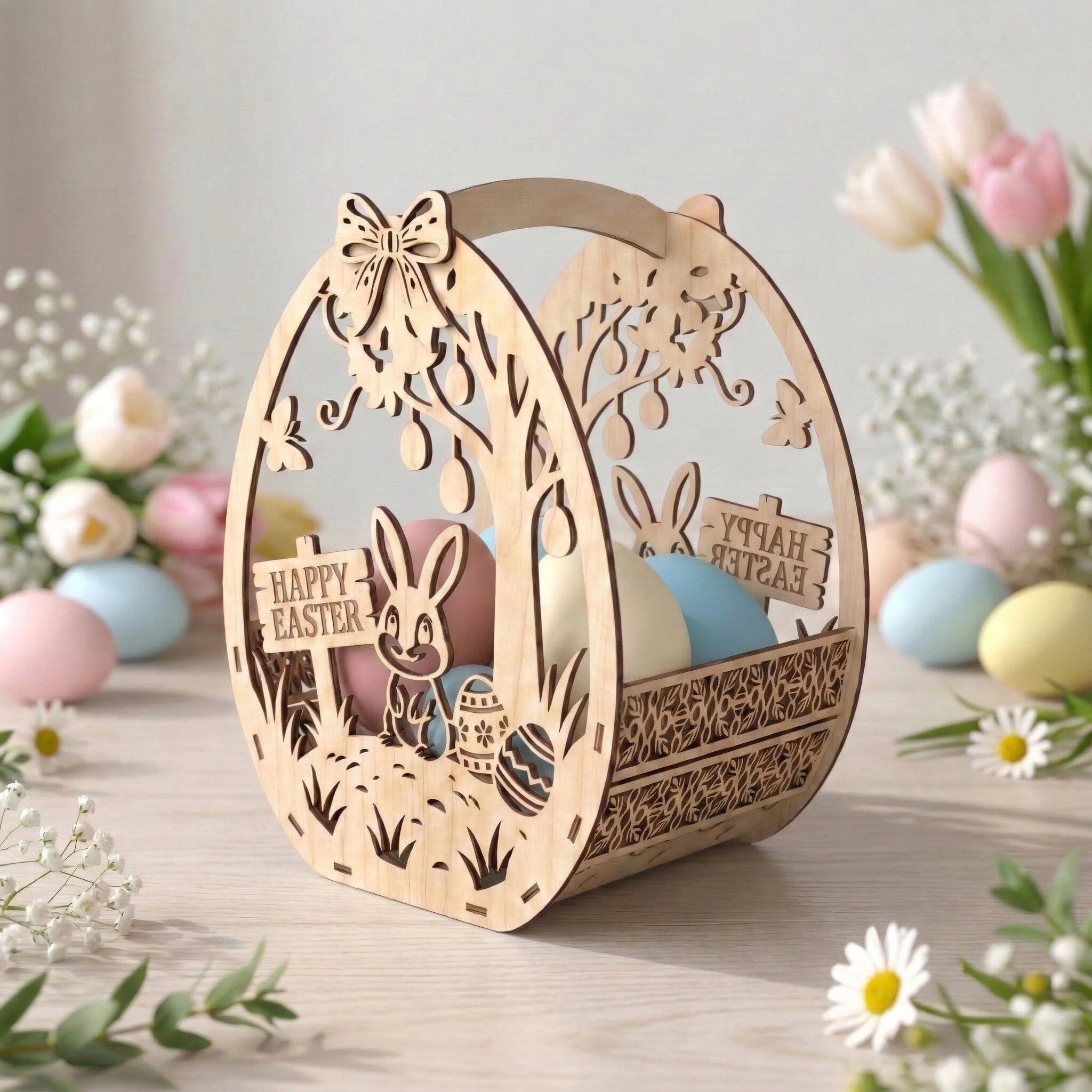 Easter Basket Laser SVG Bundle, 5 Laser Cut Easter Baskets, Egg Basket SVG, Easter Decor Laser Files - Glowforge Cricut SVG Dxf Eps - Image 6
